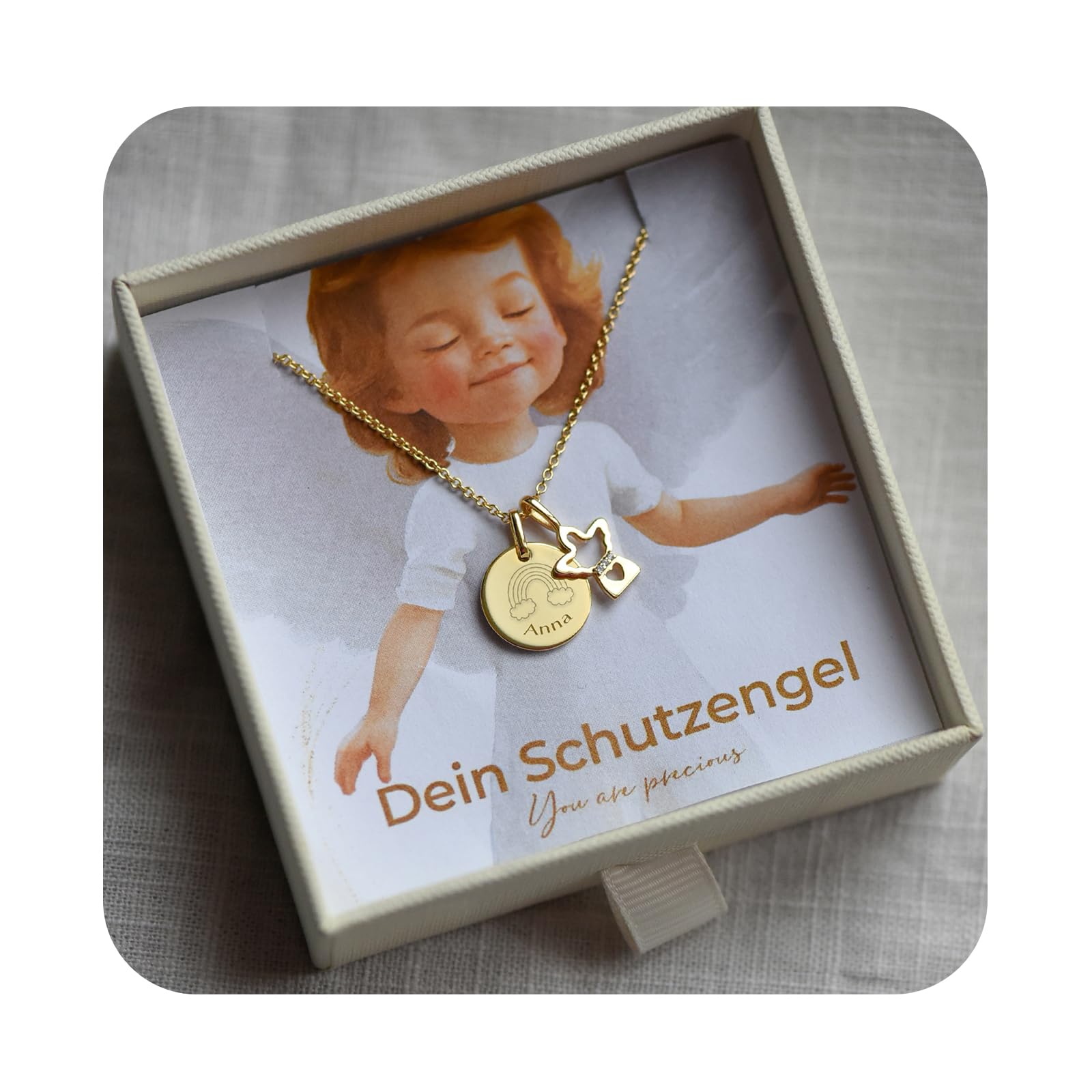 Schutzengel Kette für Mädchen personalisiert mit Gravur Symbol & Namen Silber 925 | Kinder Baby Halskette mit Engel-Anhänger | Taufkette Geschenk zur Taufe Kommunion Einschulung Geburt Patenkind