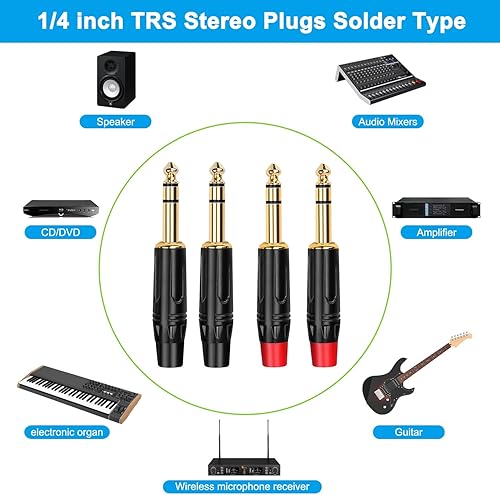 Miniatura 6 de Enchufe TRS de 14 de pulgada, paquete de 4 conectores de audio estéreo GOSYSONG de un cuarto de pulgada tipo de soldadura, resistente chapado en oro