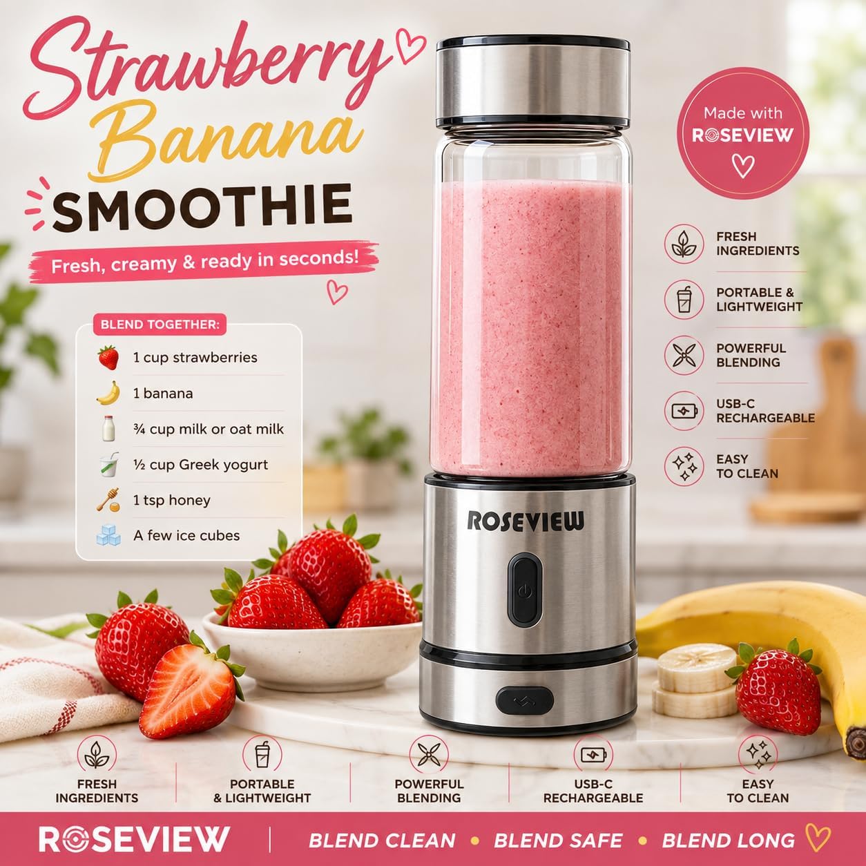 Portable Smoothie blender ROSEVIEW Glass bottle USB rechargeable power 200W 15Oz mini Handheld Ice Shakes Cup blend juicer Cordless blender Personal smoothies maker Fruit mixer