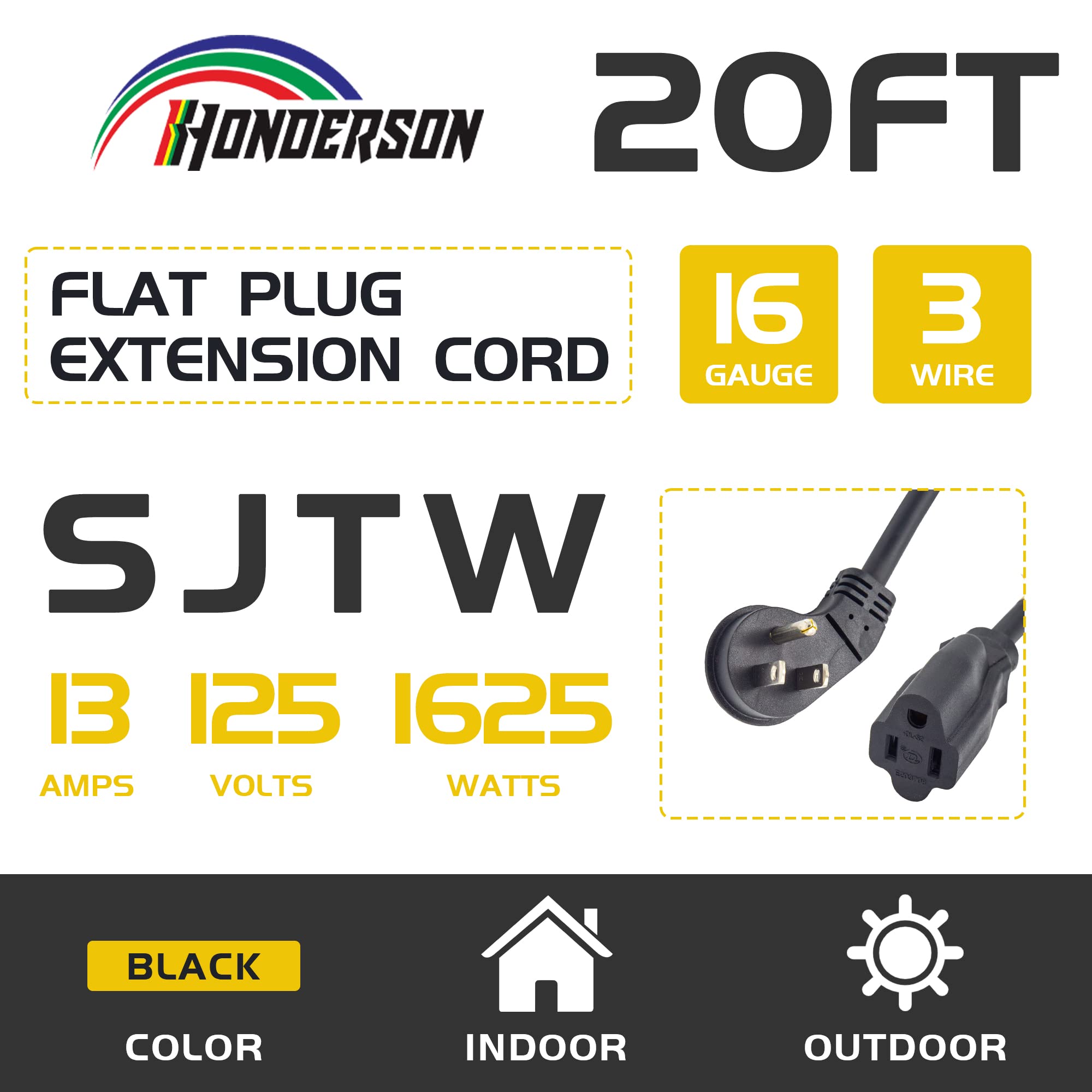 Cable de extensión de enchufe plano para interiores, con certificación UL, calibre 16, 20 pies, negro, 3 clavijas, resistente, 16/3 SJTW 13A Cable de alimentación para luces,