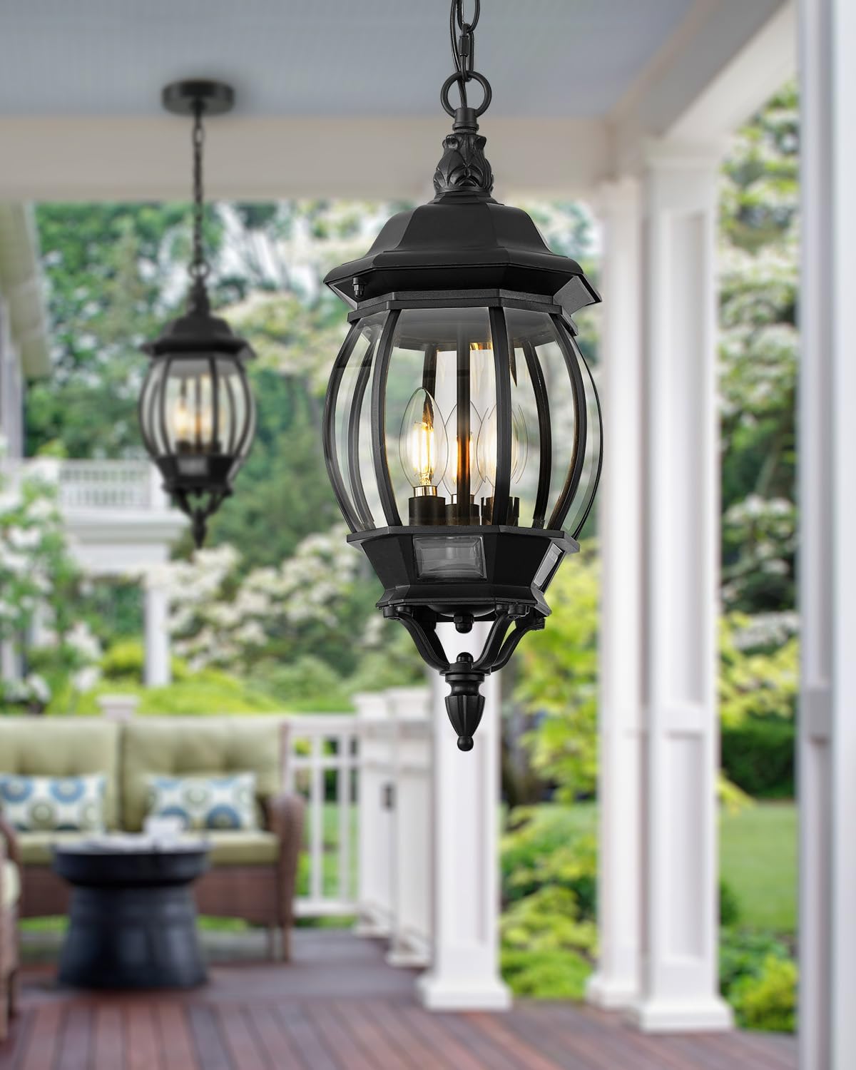 VIANIS Outdoor Wall Lights, Dusk to Dawn Black Exterior Lighting Fixtures, E12 Outdoor Pendant Lights, Adjustable Hanging Lanterns, 3-Head Outdoor Post Light with Outlet, Waterproof Pole Street Lights