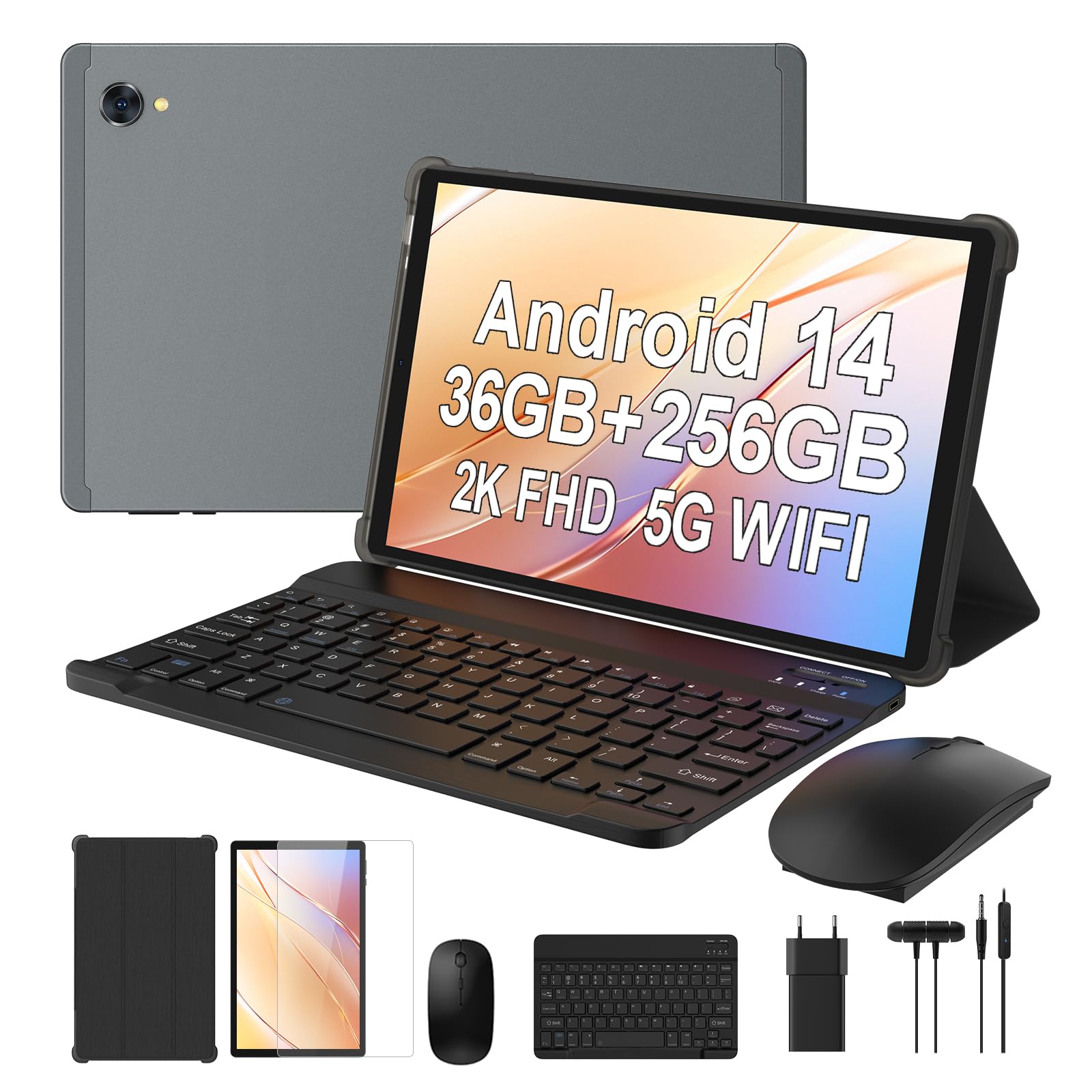 LEVIRTU Android 14 Tablet 10,3 Pollici, Octa-Core 2.0 GHz, 2K FHD, 2.4G+5G WiFi, 36GB RAM+256GB ROM (2TB TF), 8000mAh, 13MP+8MP, GPS, Bluetooth 5.0, Face ID, Tablet con Tastiera, Mouse (Grigio)