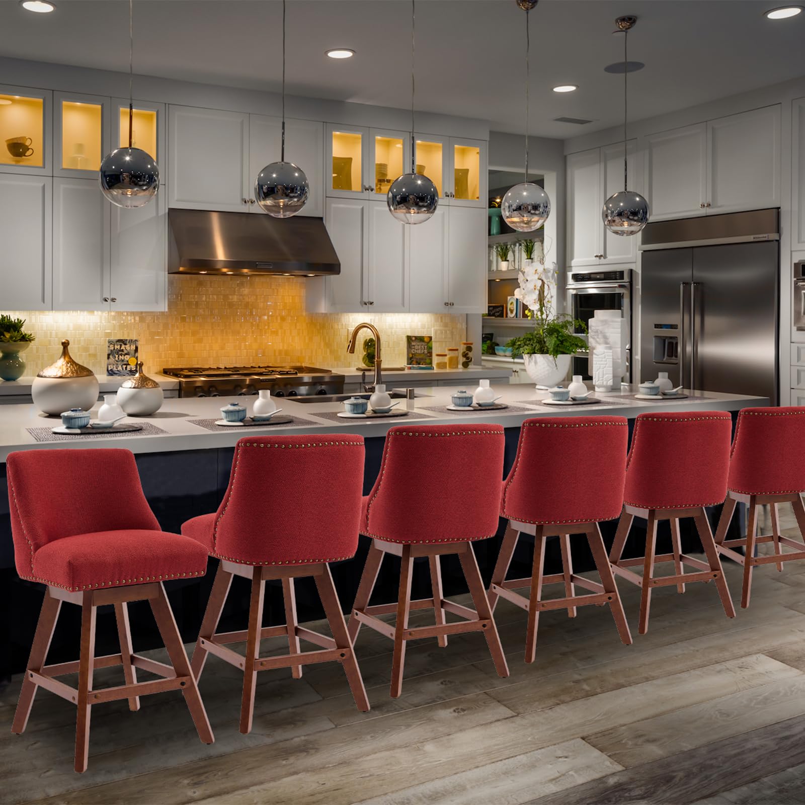 cinkehome Swivel Counter Height Bar Stool with Back Set of 6, 26" High Modern Barstools or Kitchen Island, Upholstered Bar Stools with Sturdy Wood Leg