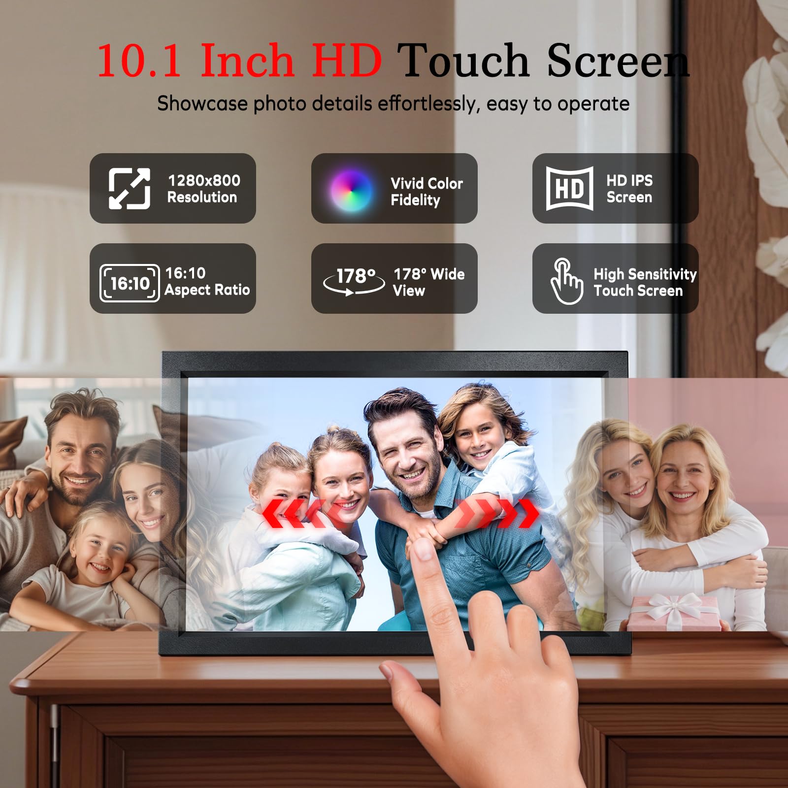 Cadre photo numérique WiFi 64 Go, 10,1 pouces, écran tactile IPS 1280 x 800, rotation automatique, cadre photo électronique pour partager des photos ou des vidéos via l'application AiMOR, le meilleur