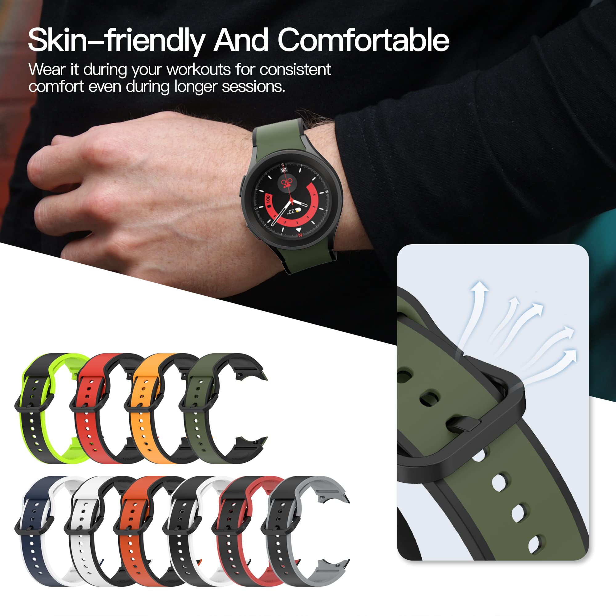 Bracelet de rechange réglable en silicone avec 10 couleurs compatibles avec Samsung Galaxy Watch 5 40 mm/44 mm, Galaxy Watch 5 Pro 45 mm pour homme et femme