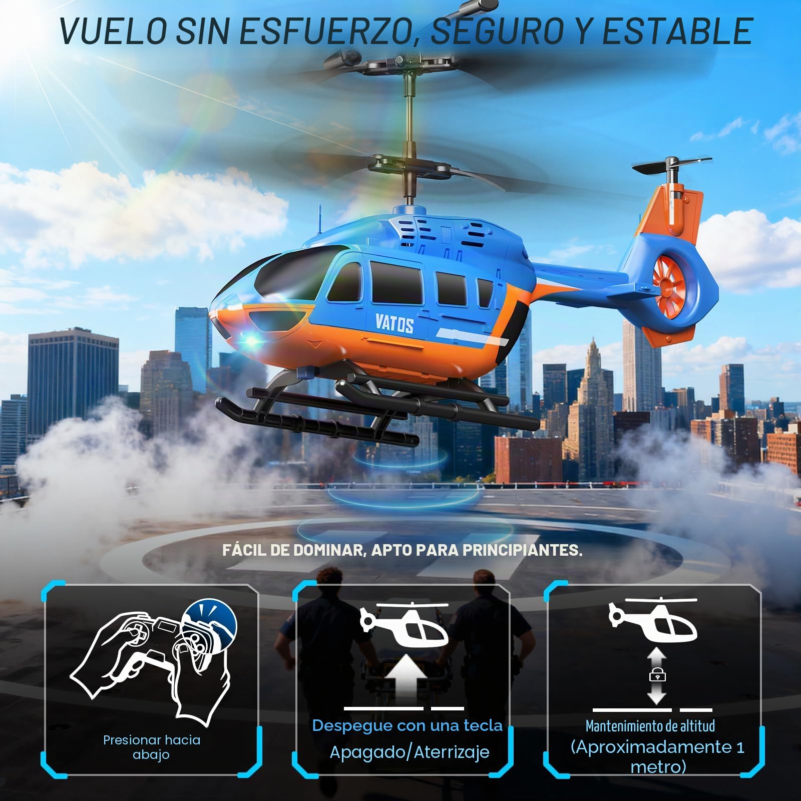VATOS Helicóptero Teledirigido 2.4G con LED, Fácil de Volar, con Función de Mantenimiento de Altitud, Despegue con un Solo Botón y Aviso de Batería Baja. Ideal para Niños a Partir de 10 Años