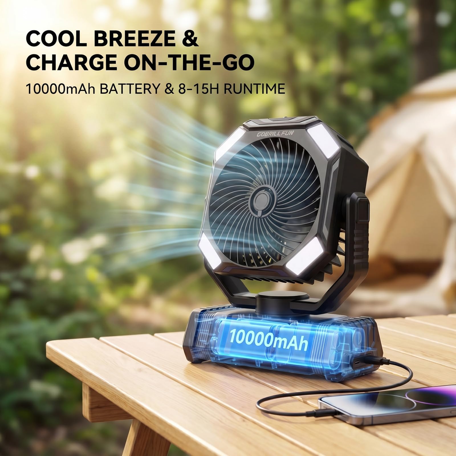 Ventilateur à Batterie avec Brumisation, Ventilateur Portable Rechargeable 10000mAh, Ventilateur Oscillant avec Réservoir 300mL, Télécommande, Lumière LED, Minuterie pour Camping Terrasse Plage Bureau