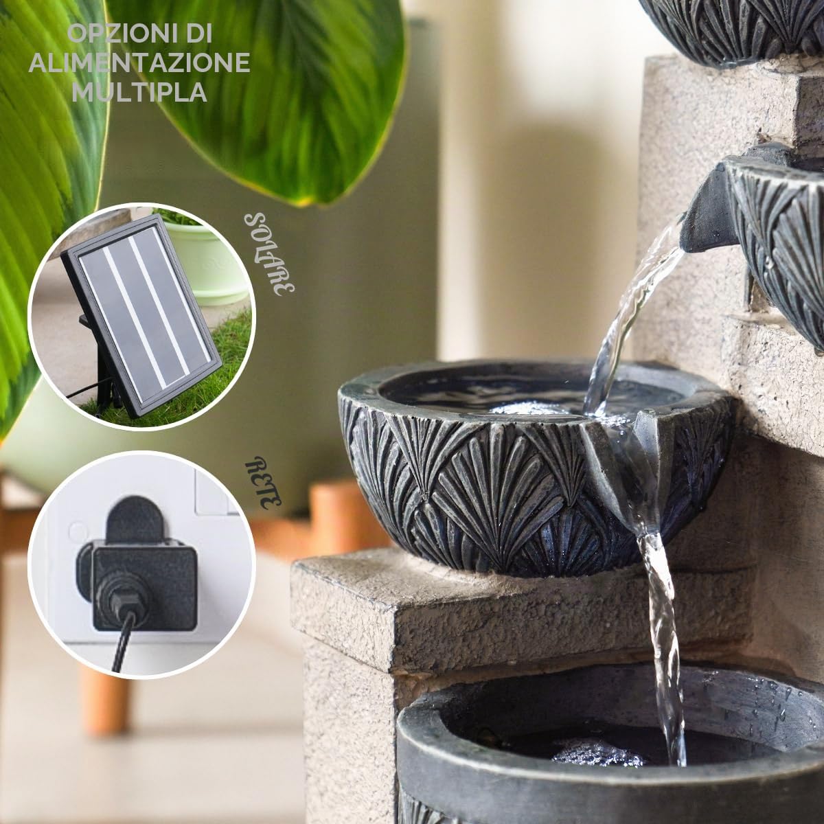 Festive Lights Fontana solare a LED da 42 cm con cascata e ciotole, alimentazione solare e USB, fontana solare da giardino per interni ed esterni, fontana solare per giardino d'acqua all'aperto