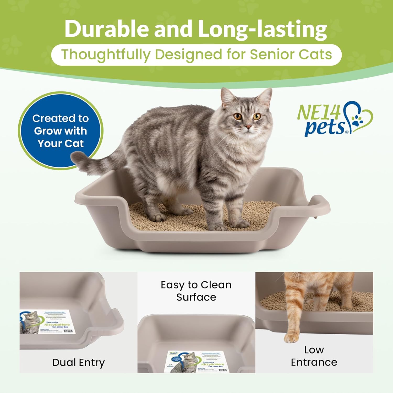 KittyGoHere 2.0 Easy-Entry Cat Litter Box – Large Open-Top Low Entrance Litter Pan with Higher Sides & Two Entrances – Ideal for Senior & Arthritic Cats – Made in USA (Grey)