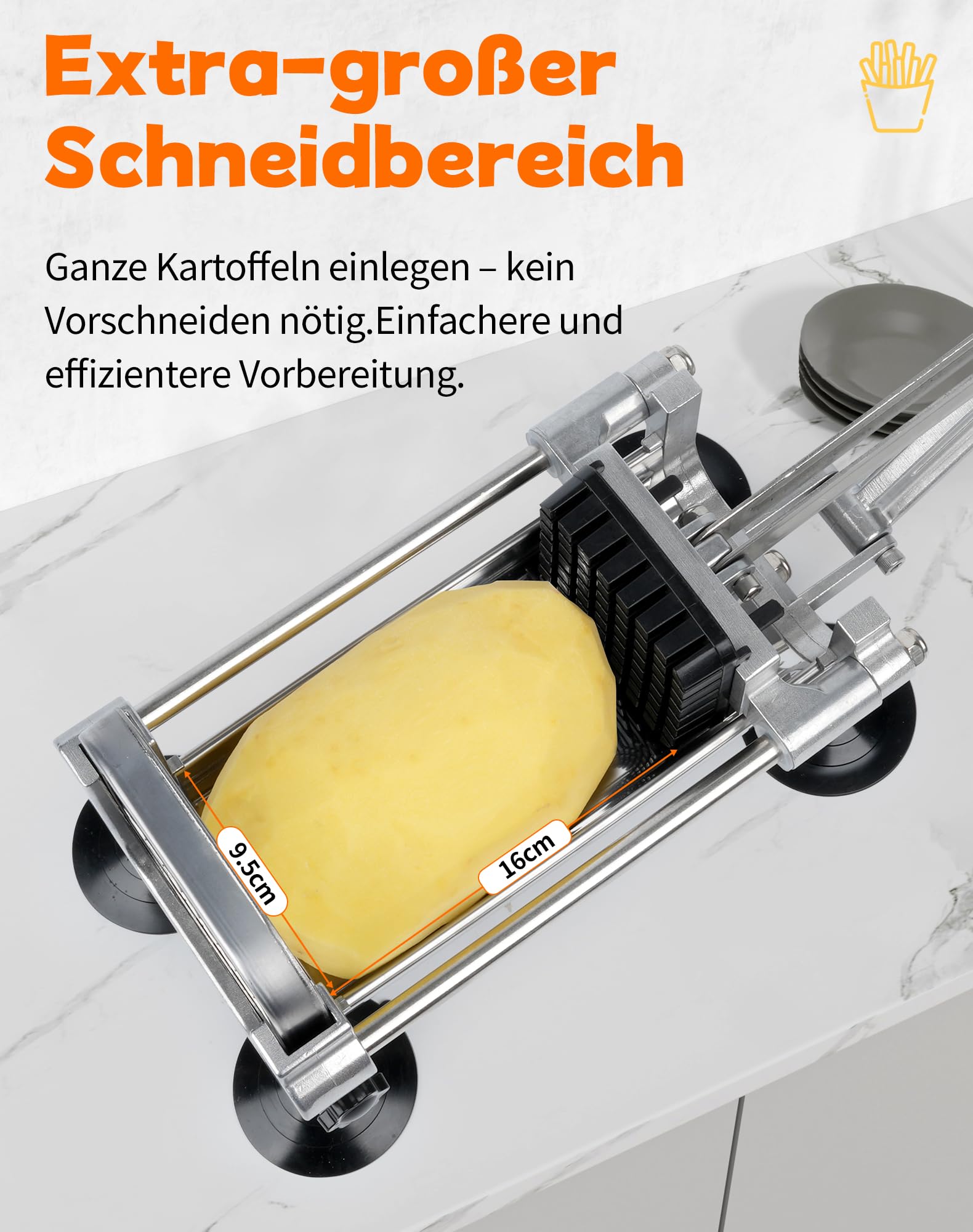 Professioneller Pommesschneider Edelstahl Kartoffelschneider mit 3 Klingen (6,5/9 / 13 mm), Pommespresse für Kartoffeln, Karotten & Gurken