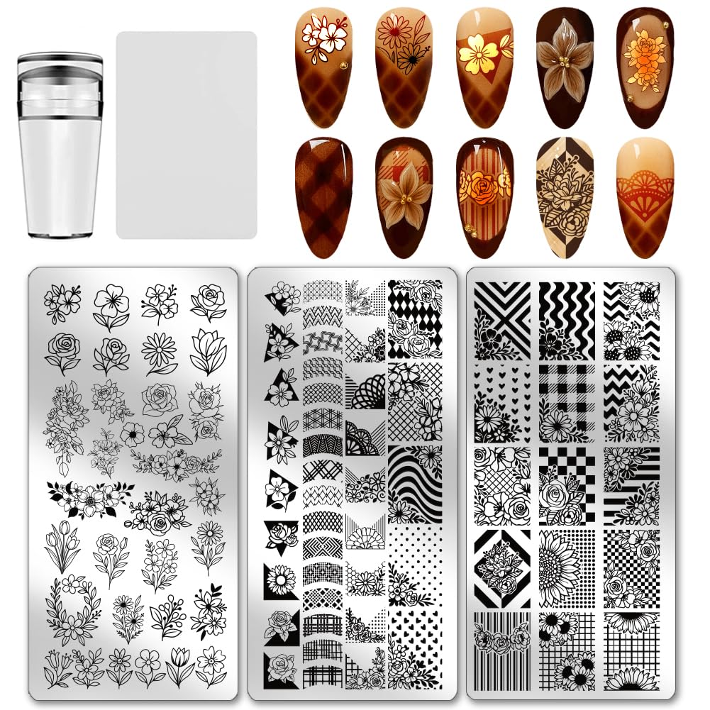 PH PandaHall 3pcs Flower Plaid Nail Stamping Plate