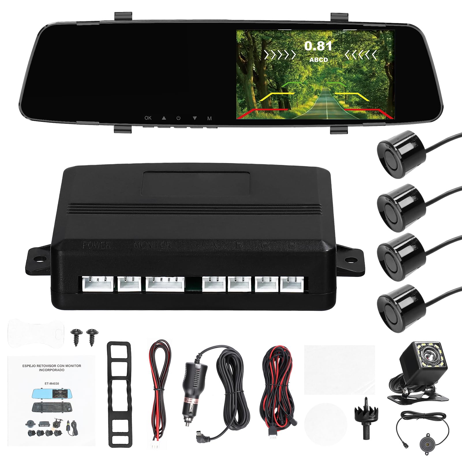 Shkalacar Kamera na desce rozdzielczej DVR 1080P z 4 czujnikami parkowania, podwójna kamera przednia i tylna z noktowizorem, nagrywanie, w pętli i wielojęzyczny system parkowania