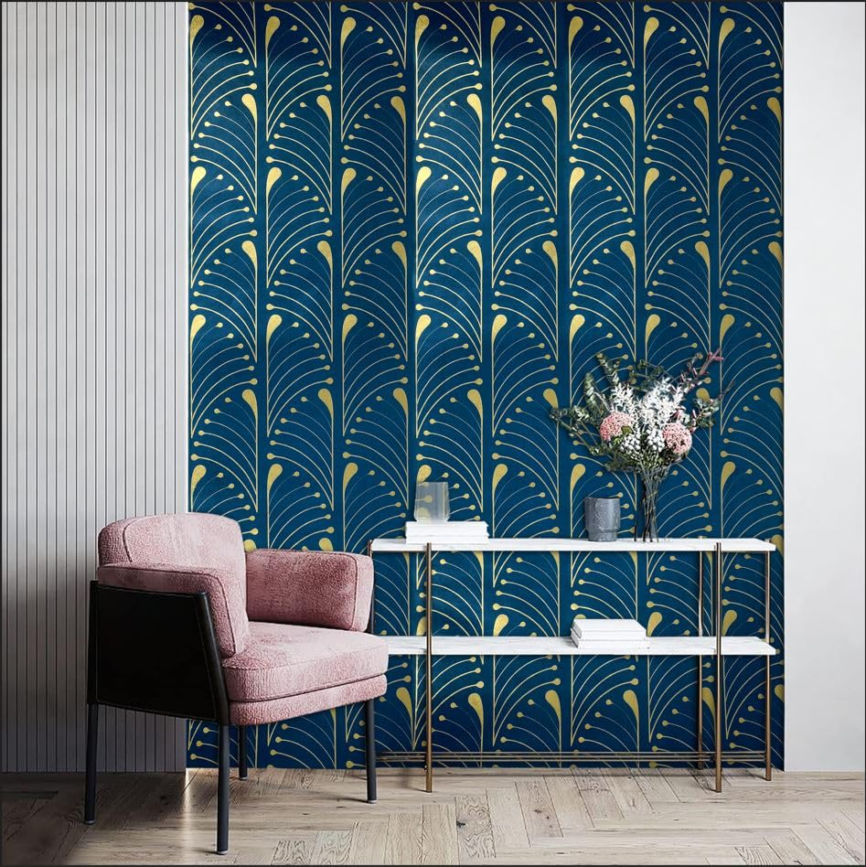 Image of Veki Luxury Floral & Botanical Geometric Wallpaper Mural - Waterproof, Moisture-Proof, Self-Adhesive PVC Wall Sticker for Home & Hotel Decoration (45cm x 300cm) (Blue Curve)
