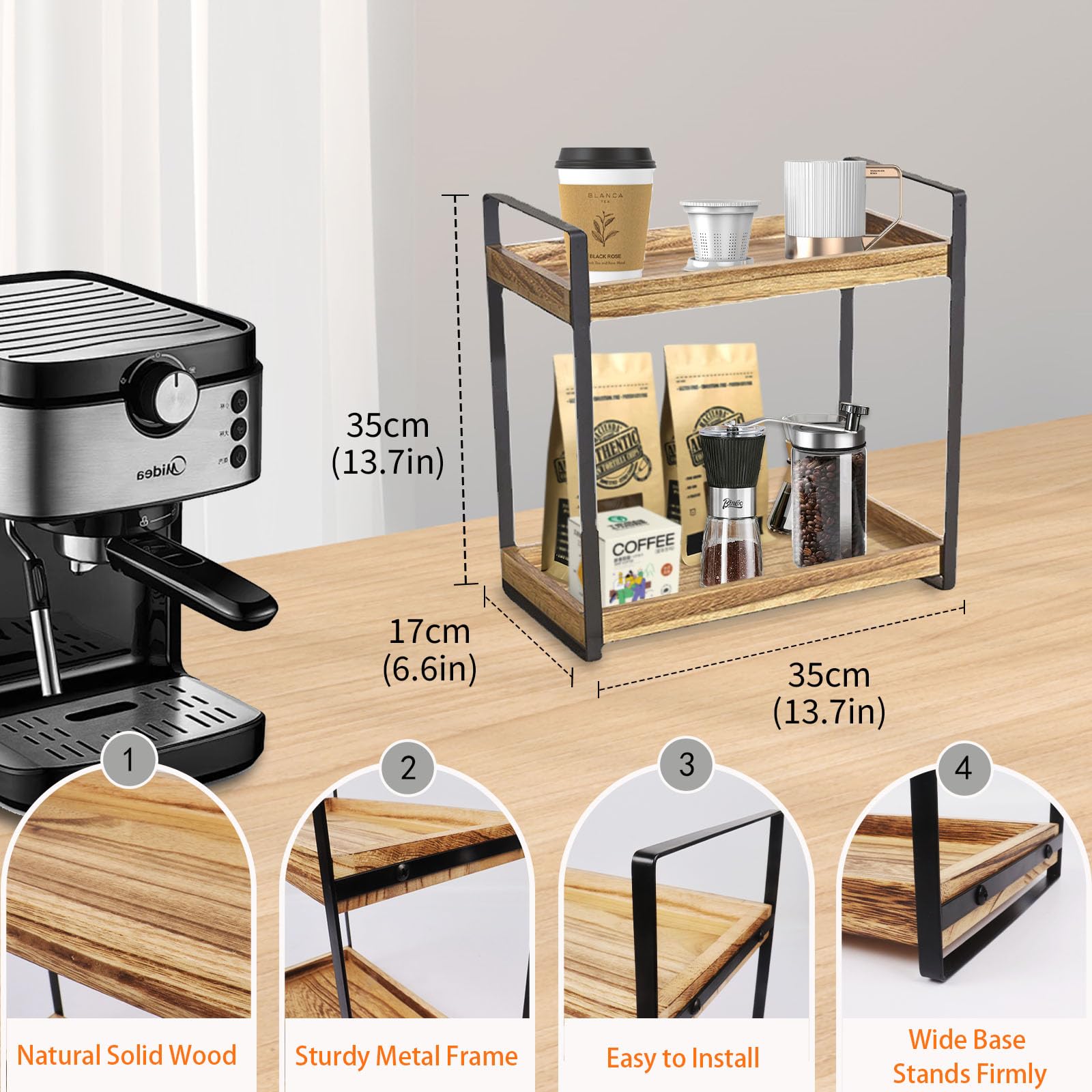 Gzsekken 2 Tier Coffee Bar Accessories Organiser, Wooden Kitchen Counter Shelf, Standing Coffee Station and Organiser - Image 2