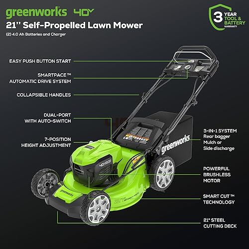 Miniatura 2 de Greenworks - Cortacésped autopropulsado sin escobillas (Smart Pace) de 21 pulgadas, 40 V, 2 baterías USB de 4 Ah (banco de energía) y cargador