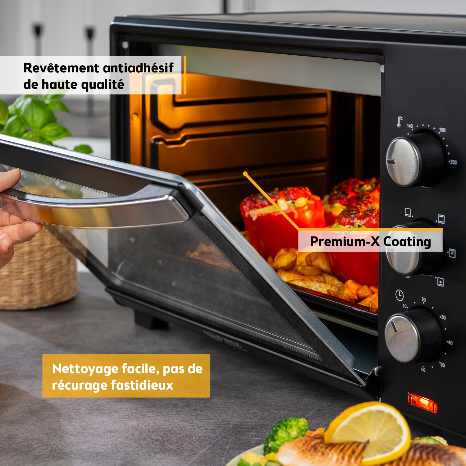 TZS First Austria - Mini-Four 35L 1600W - Four à pizza avec réglage de la température jusqu'à 230°C et revêtement antiadhésif - Avec minuteur de 60 min, 3 hauteurs d'insertion, plaque et grille