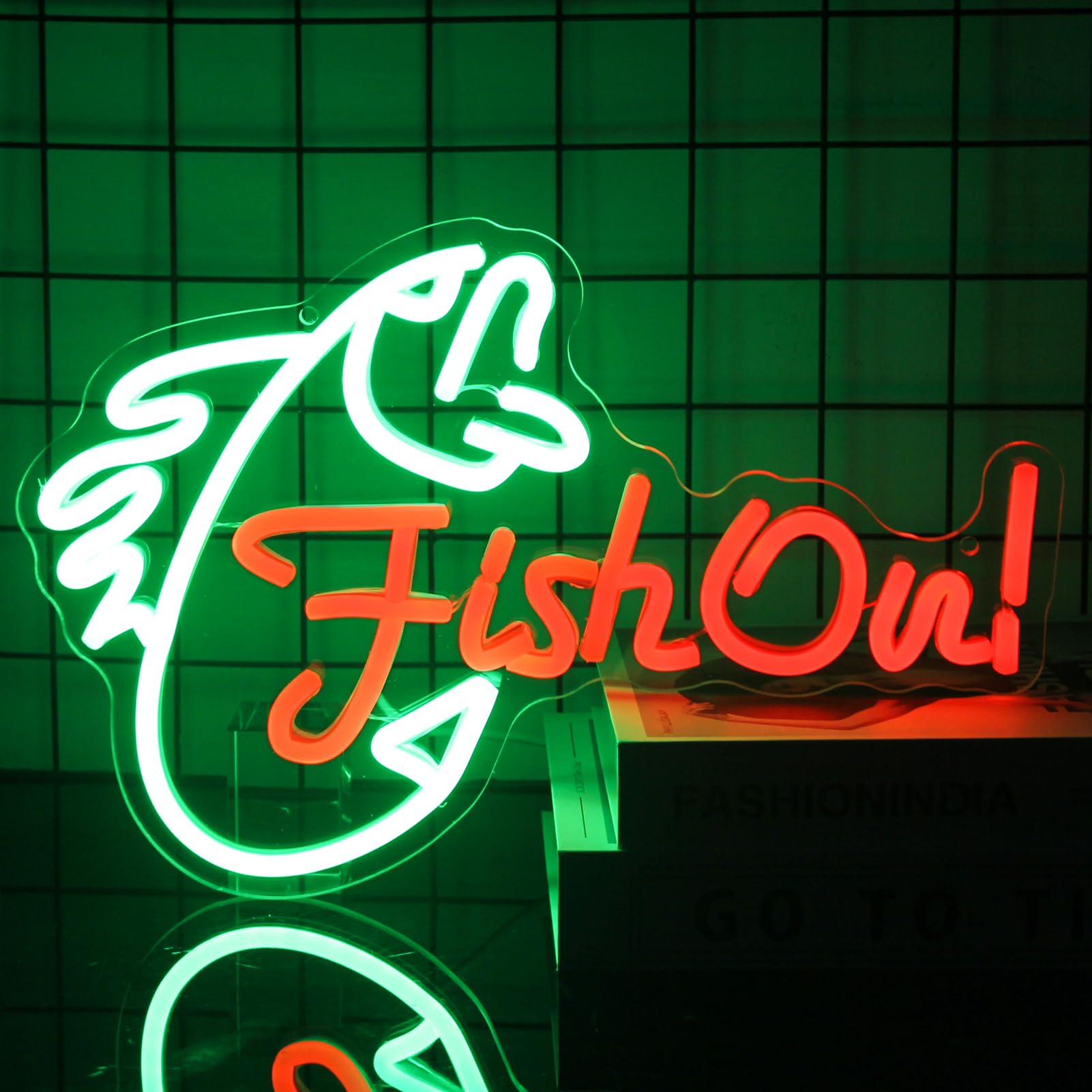 Kullneon Fish On Neon Sign Go Fishing LED Signs for Wall Green Red Neon Light Dimmable Neon Lights Signs Fish Neon Light Up Sign for Bedroom Living Room Man Cave Yacht Decor Men Gifts