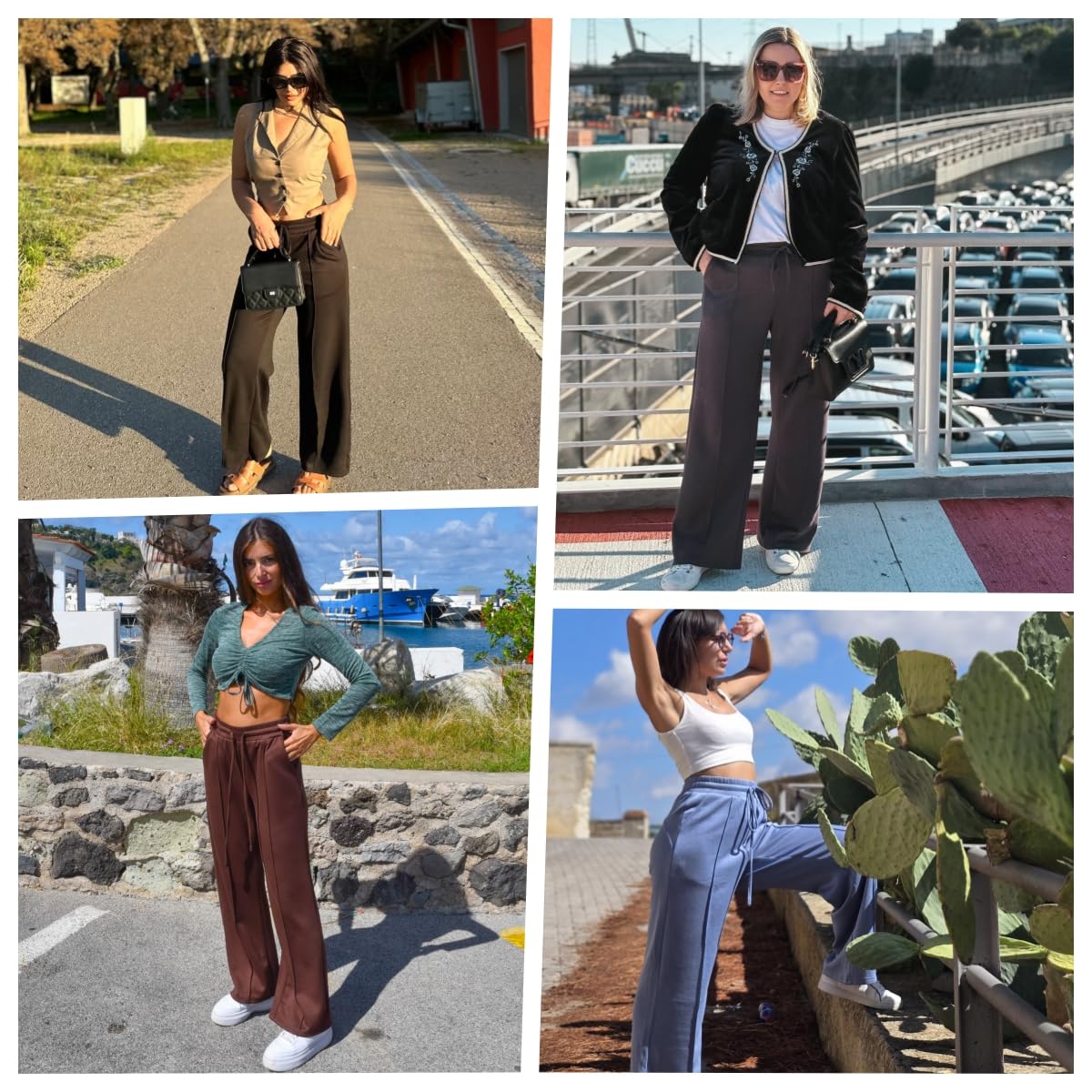 PrinStory Pantaloni da donna elasticizzati, in vita elasticizzata, per il tempo libero, a gamba larga, pantaloni da yoga con tasche