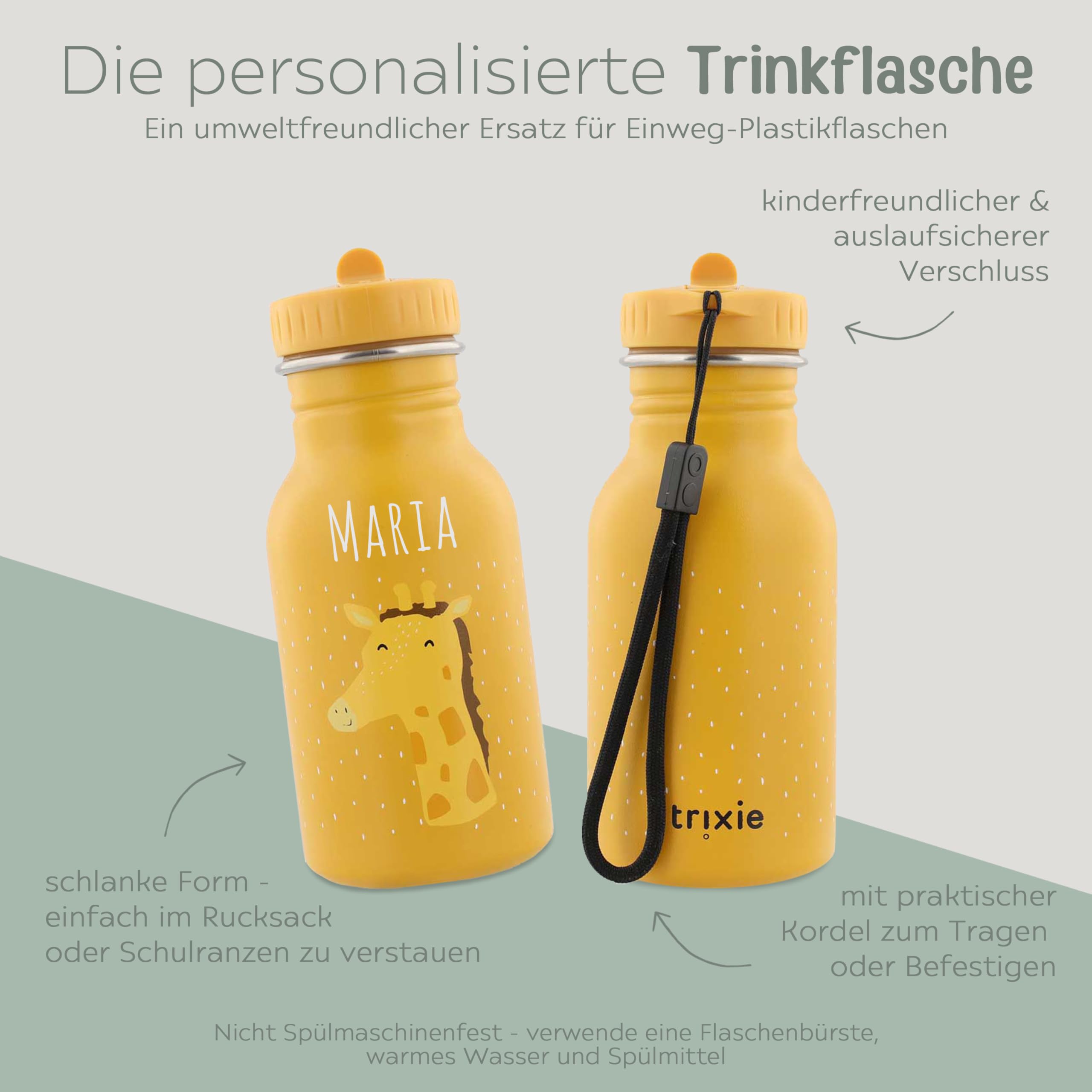 wunderwunsch Trinkflasche optional personalisiert für Kinder, Flasche personalisiert, Babyflasche, Kindertrinkflasche, Trixie Flasche mit individuellem Namen (Giraffe, 350ml)