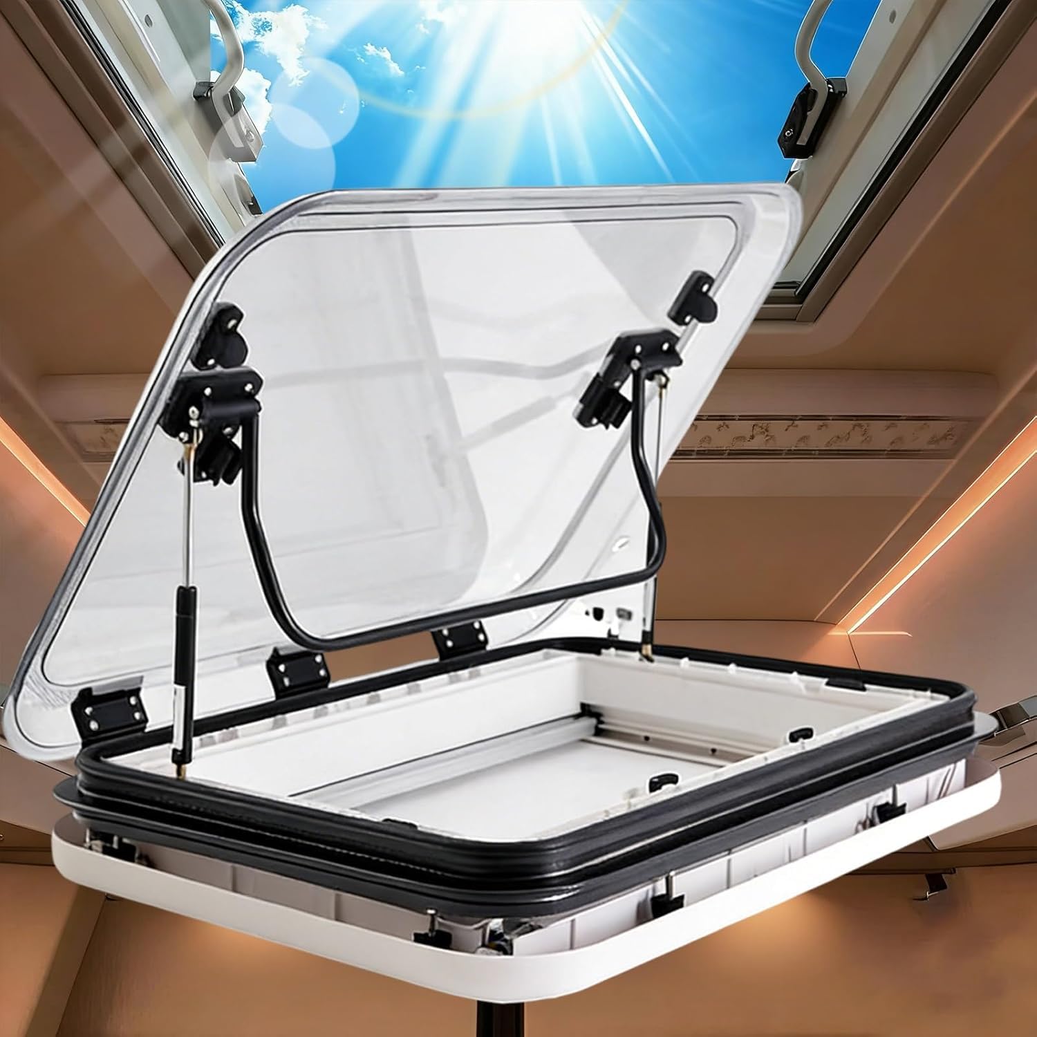 Wohnmobil-Dachlüftung, Wohnmobil-Schiebedach, großes Wohnwagen-Dachfenster-Lüftungsset mit LED-Leuchten, universelle Dachluke für Wohnmobile 80x50cm