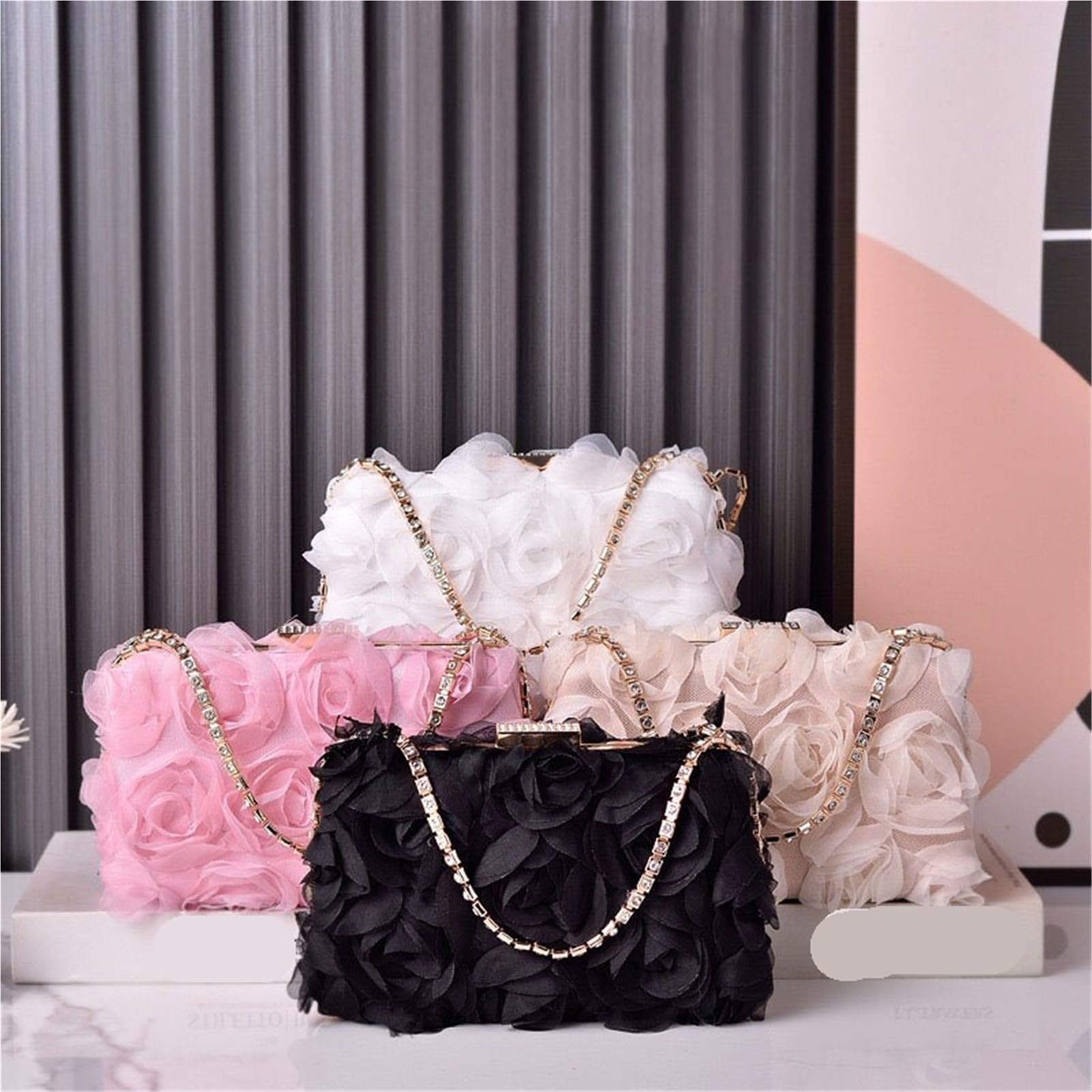 Damen 3D Blumen Clutch Tasche Frauen Süße Chiffon Floral Abend Party Handtasche Luxus Handgemachte Strass Kleid Tasche Büro Dame Vielseitige Umhängetasche