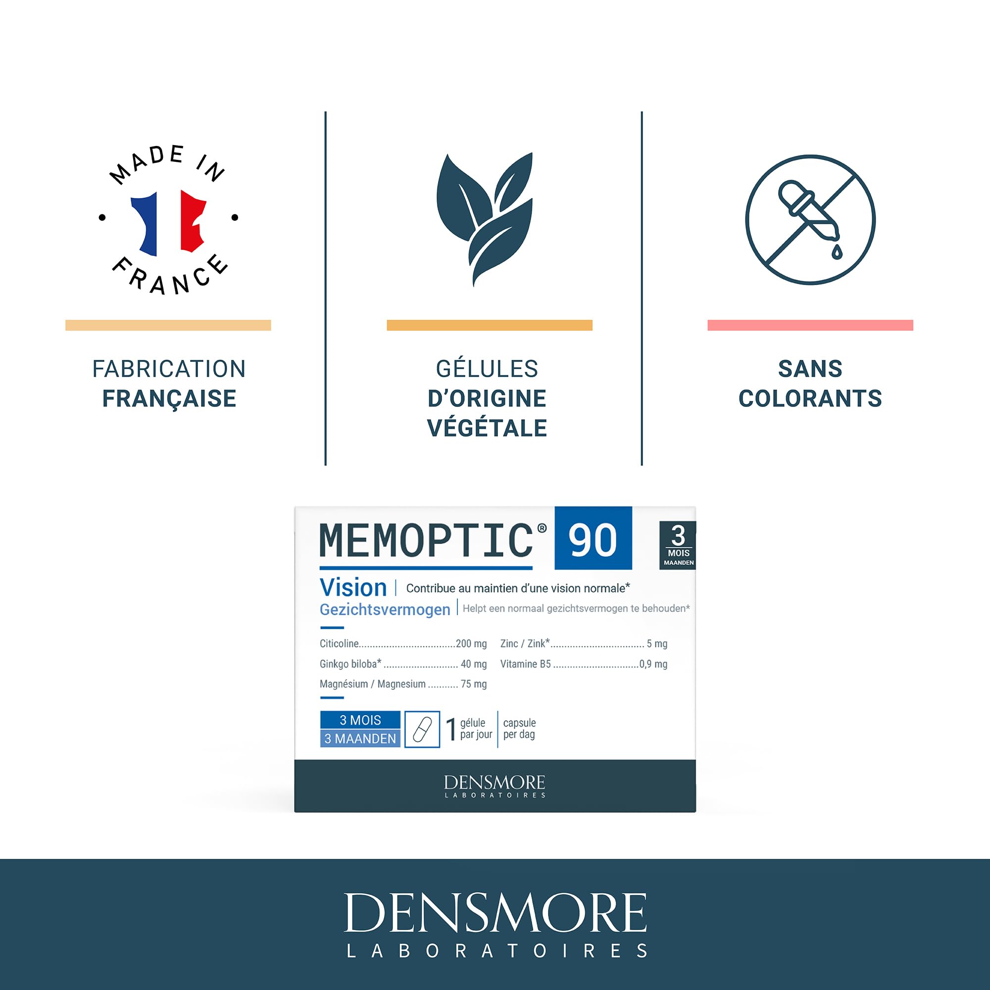 Densmore - Cure de 6 mois - MEMOPTIC - Complément Alimentaire Mémoire et Vision à base de Citicoline - Ginkgo biloba - Magnésium - Vitamine B5 - Zinc - 180 gélules - Fabriqué en France