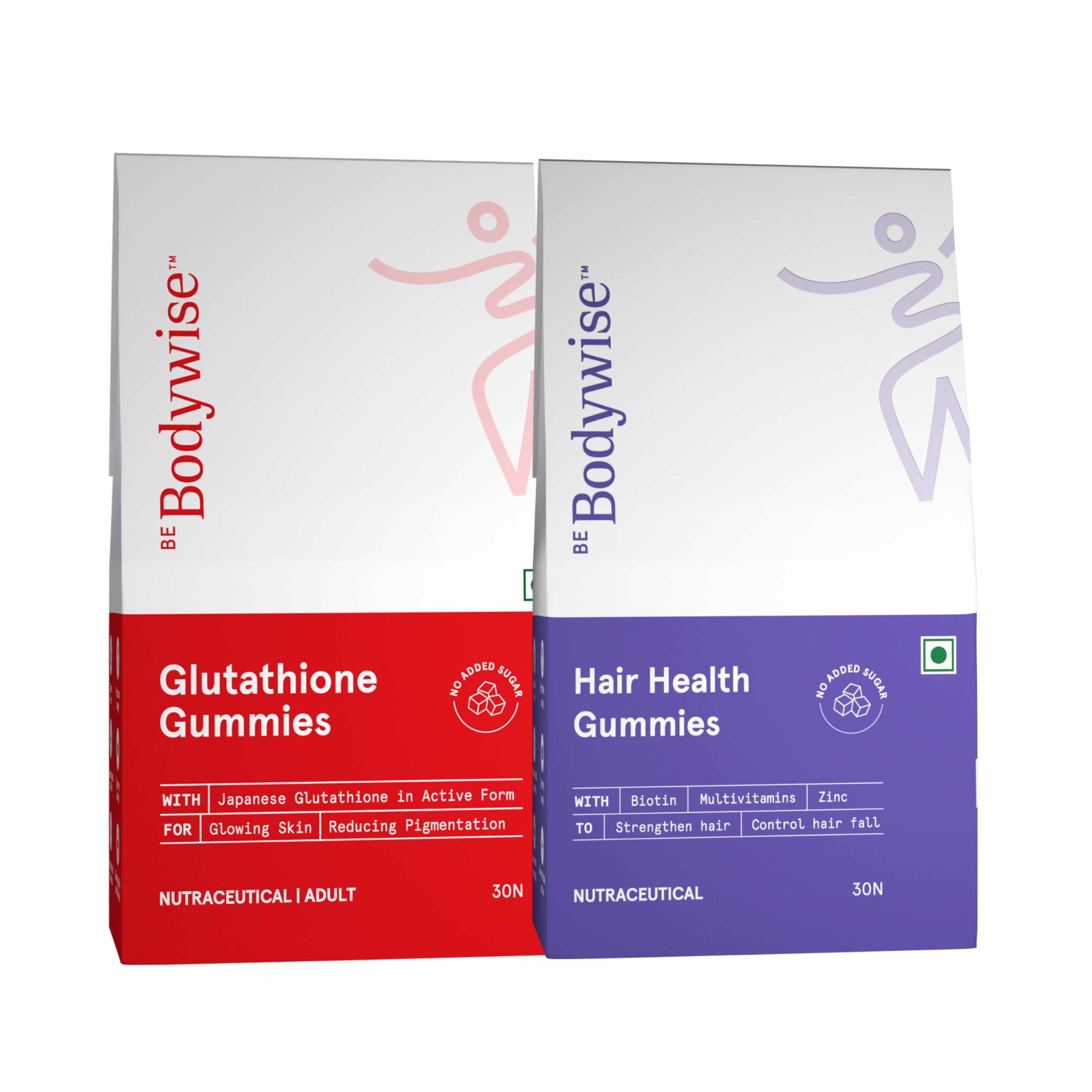 Be Bodywise Biotin Hair Gummies & Glutathione Gummies Combo | For Glowing Skin & Stronger Hair | With Zinc, Multivitamins & Chicory Root | Naturally Sweetened | 30 Gummies Each