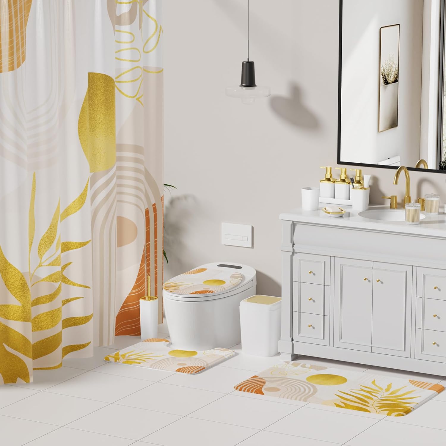 Bathroom Accessories Set - 27PC Bathroom Sets with Shower Curtain and Rugs, White Bathroom Set, White Bathroom Accessory Set with Trash Can, Toilet Brush & 3 PC Soap Dispensers