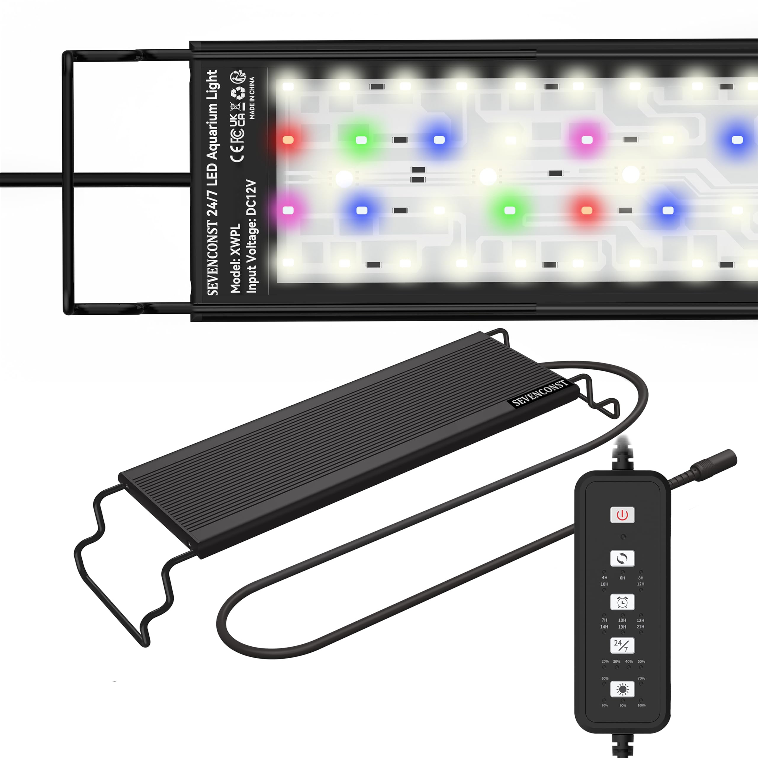 SEVENCONST 24/7 Mode LED Aquarium Light for 12-18 Inch Plant & Fish Tank, IP68 Full Spectrum Light, Sunrise-Daylight-Moonlight, White Red Green Blue Pink LEDs with Extendable Brackets for Freshwater