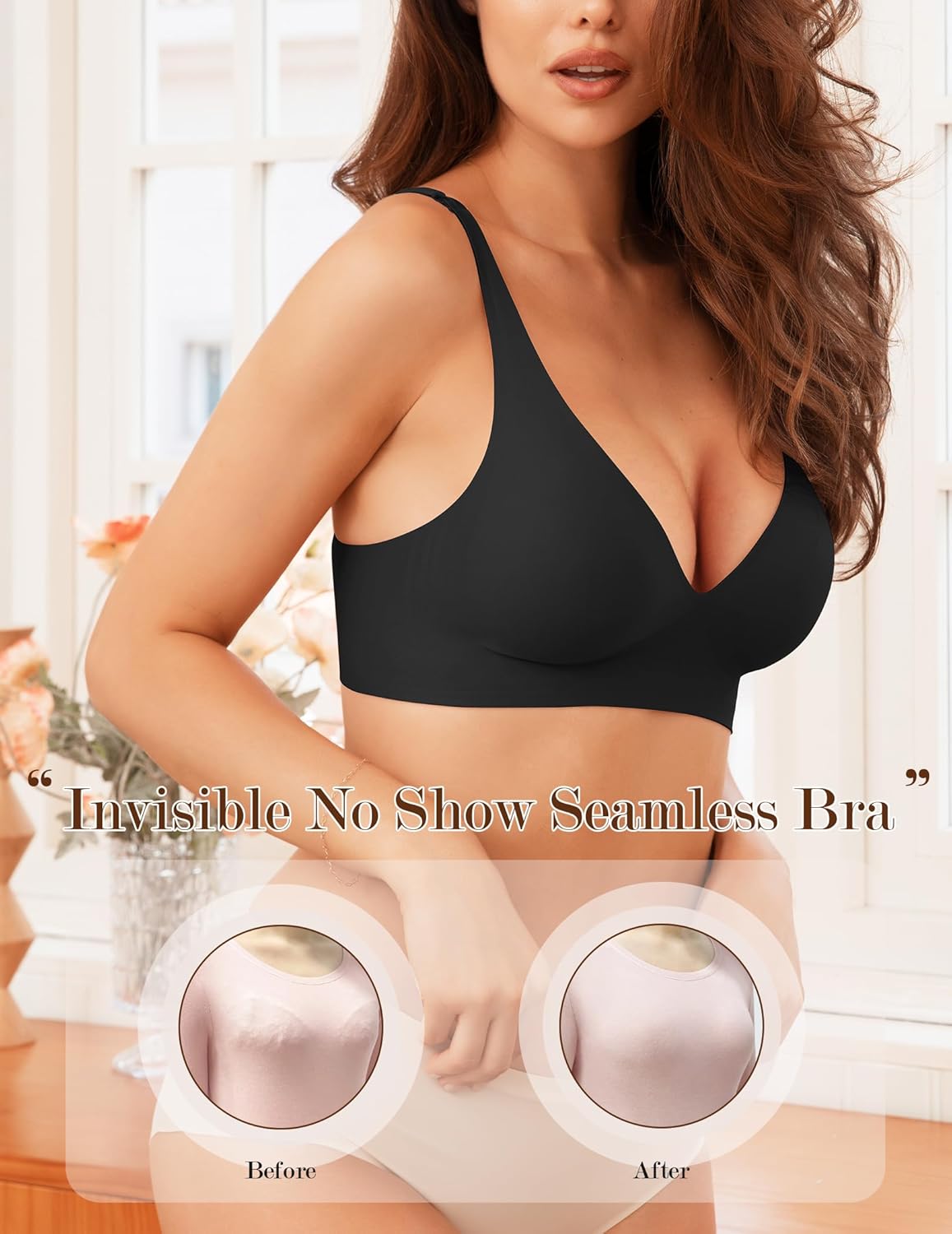 Womens Wireless Bra No Underwire Seamless Push Up Bra Comfort Full Coverage Padded Soft Vneck Everyday Bralette - Image 5