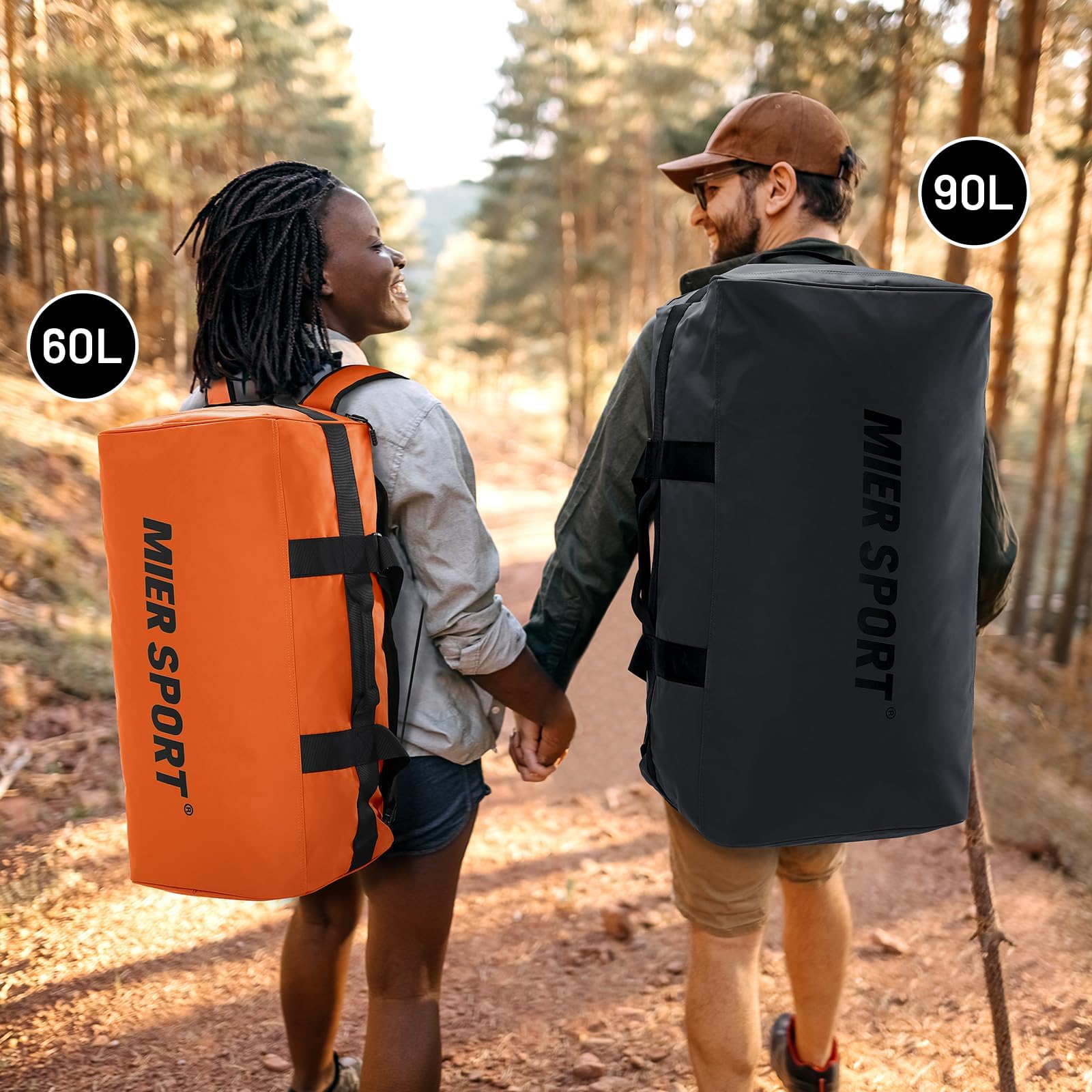 MIER Torba sportowa dla mężczyzn, wodoszczelna, duża, torba podróżna, Heavy Duty, przewijalna, z paskami na ramiona i przegródką na buty, do siłowni, sportu, podróży, torba Duffle, 60L/90L, czarny