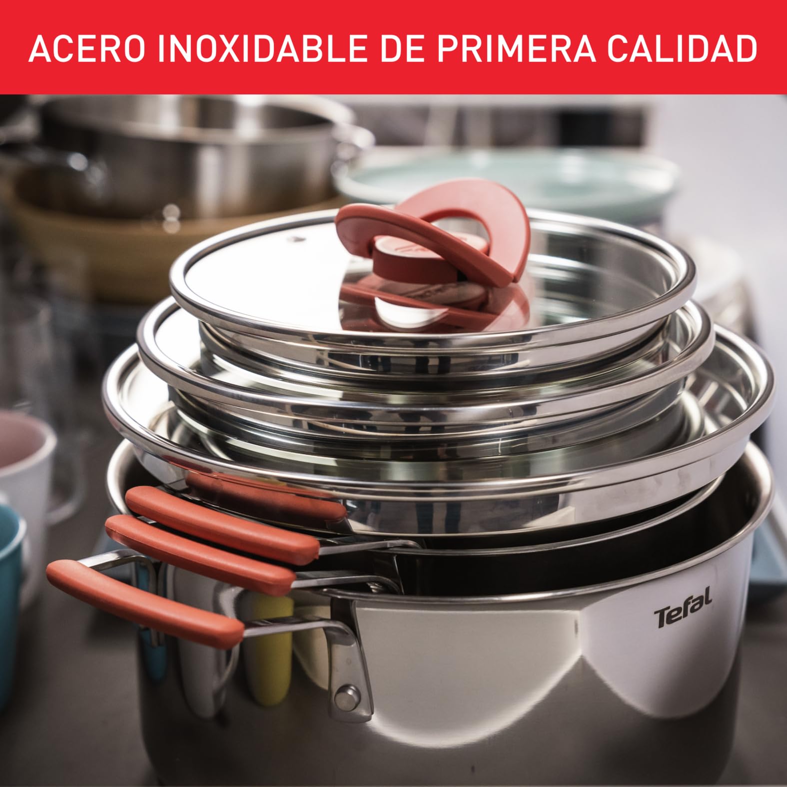 Tefal Optispace - Juego de 3 Ollas 18/20/24 cm + 3 Tapas, Apto inducción, Thermo-Fusion, marcas medición, apto lavavajillas y horno, acero inoxidable