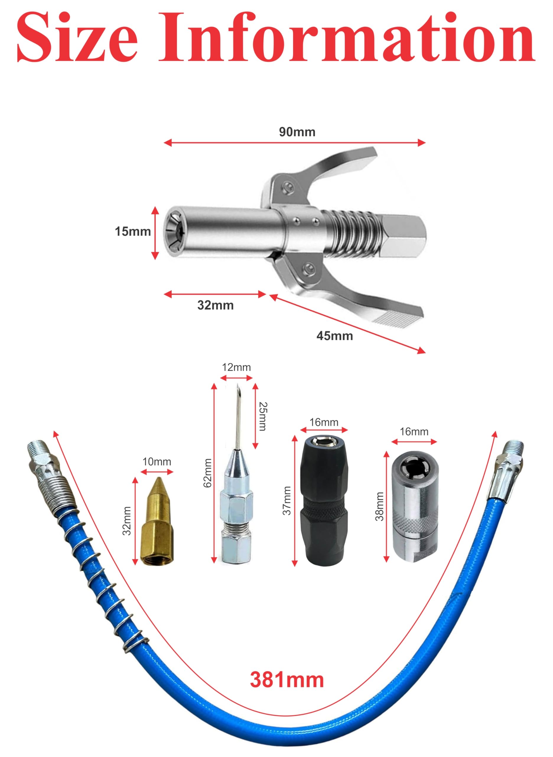 EPITECH MART Grease Gun Coupler 2Pc Coupler With 4Pc Grease Gun Adaptor, 1Pc Teflon Tap, 15inch Flexiable Blue Hose Pipe 1