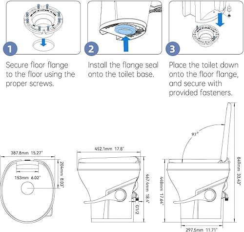 Miniatura 40 de SEAFLO Inodoro de altura residencial para cámper o caravana con accesorio rociador, altura estándar de 18.5 pulgadas, sistema de descarga por