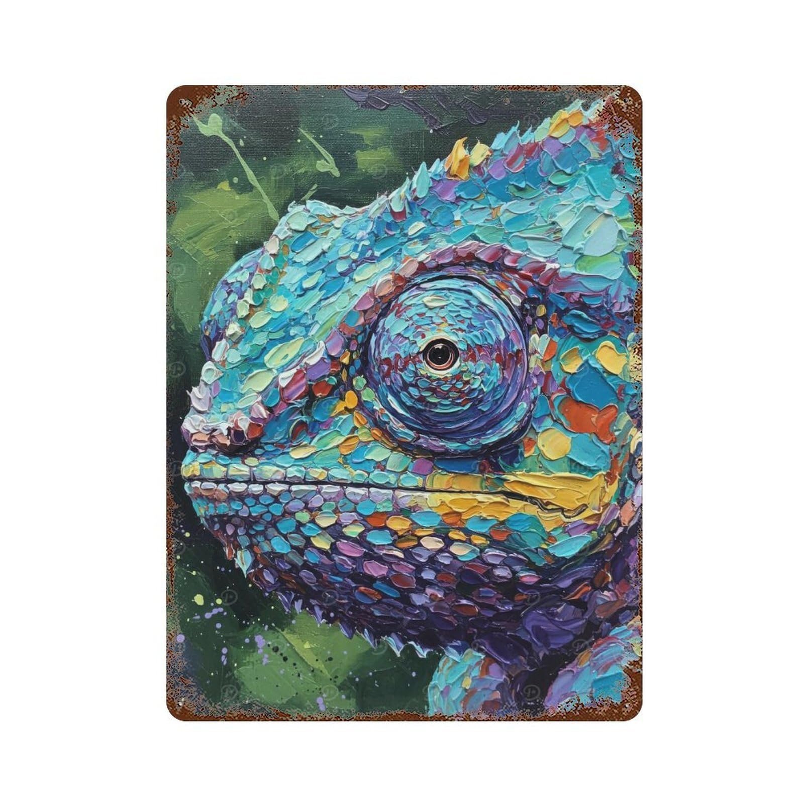 Colorful Chameleon Painting 15.7"x11.8" Aged Metal Wall Plaque, Novelty Wall Decor for Garage, Bar And Workshop Decor