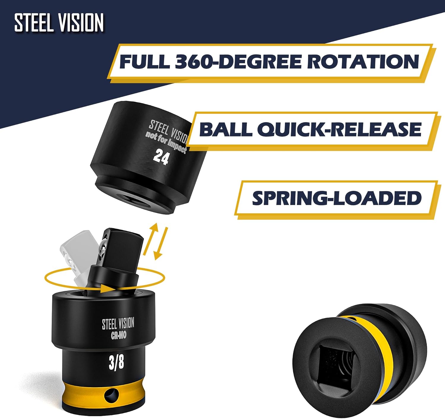 Steel Vision 7-Piece 3/8" Drive Low Profile Oil Filter Socket Set, (24, 27, 29, 32, 36, 38mm) + 3/8" Universal Joint Adapter, Chrome Vanadium Steel, 6-Point, Laser-Etched Markings (7pc w/U-Joint)