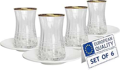 Tazas de té turco y platillos de porcelana con borde dorado, 8 piezas, vasos tradicionales cortados a mano, juego auténtico perfecto para fiestas de