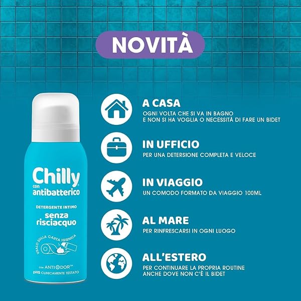 Chilly Senza Risciacquo, Detergente Intimo Senza Risciacquo Antibatterico, Da usare sulla Carta Igienica, Protezione igienizzante, Formula in Mousse a pH5, Con Anti-Odor, Clinicamente Testato - 100ml - 4