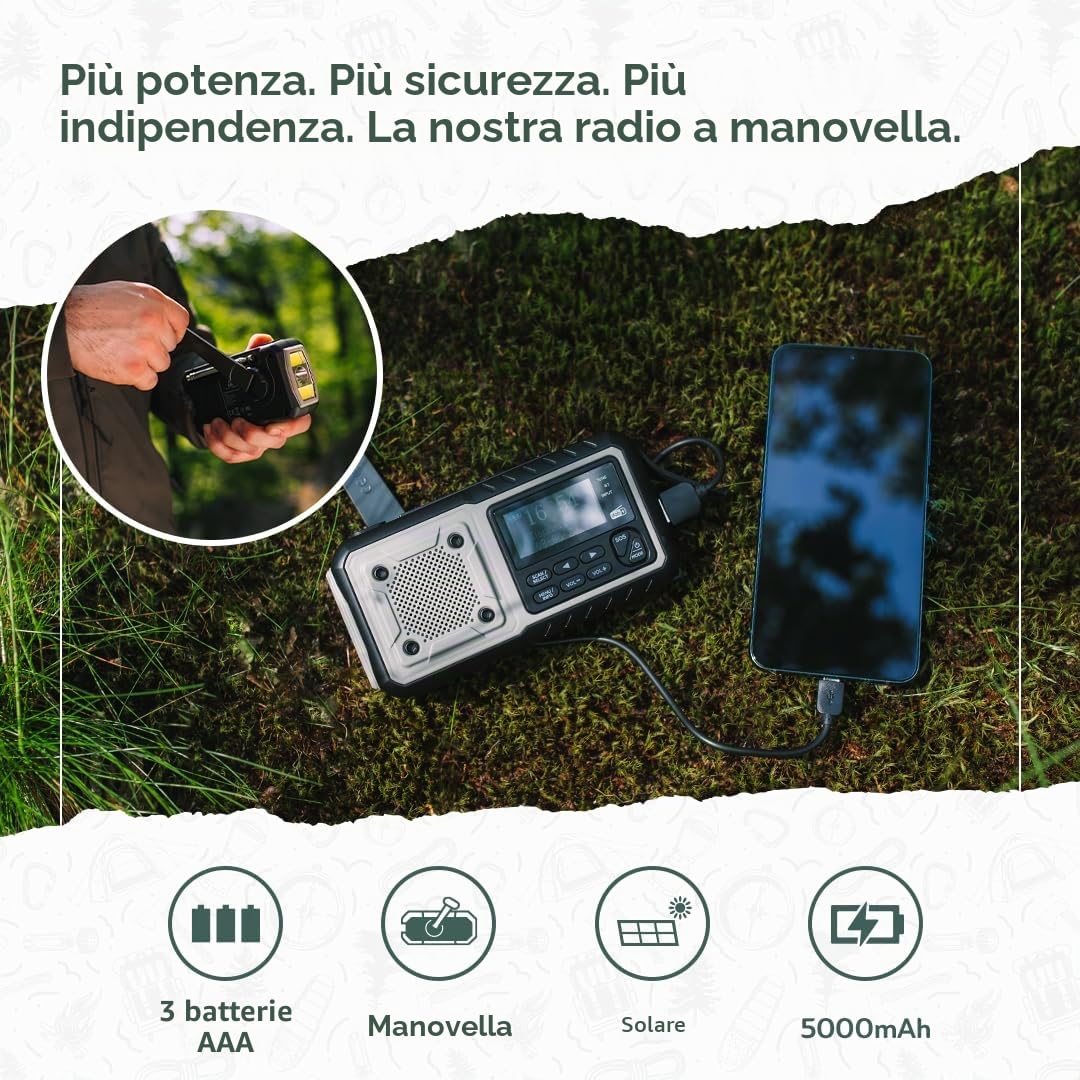 Acta Berg Radio a Manovella DAB+/FM | Radio di Emergenza con Batteria da 5000 mAh e Funzione Solare | Sveglia e SOS