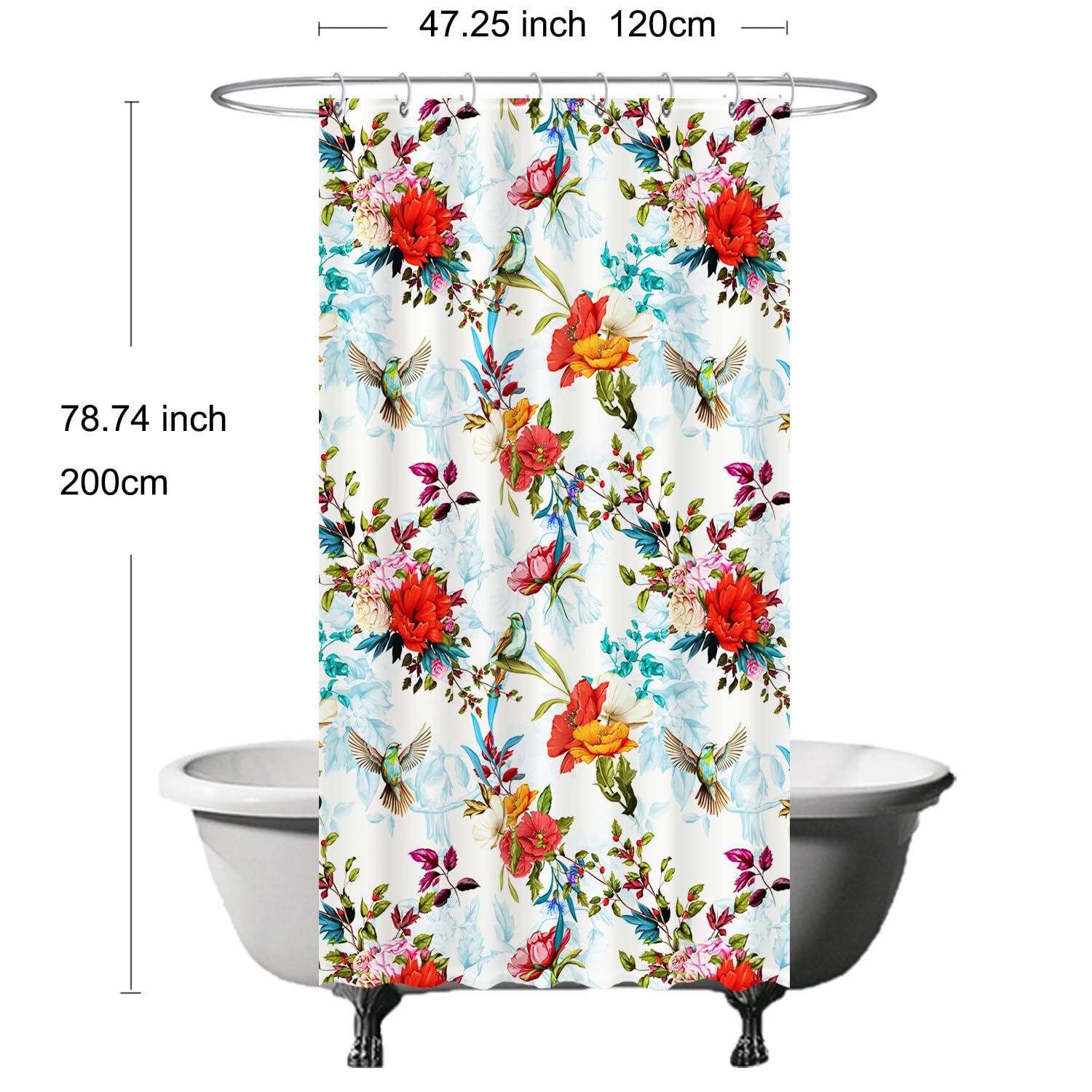 Ulticool Shower Curtain, Flowers Bird Nature Flowers, 120 x 200 cm, Washable, Anti Mould, with 8 Rings - Image 2