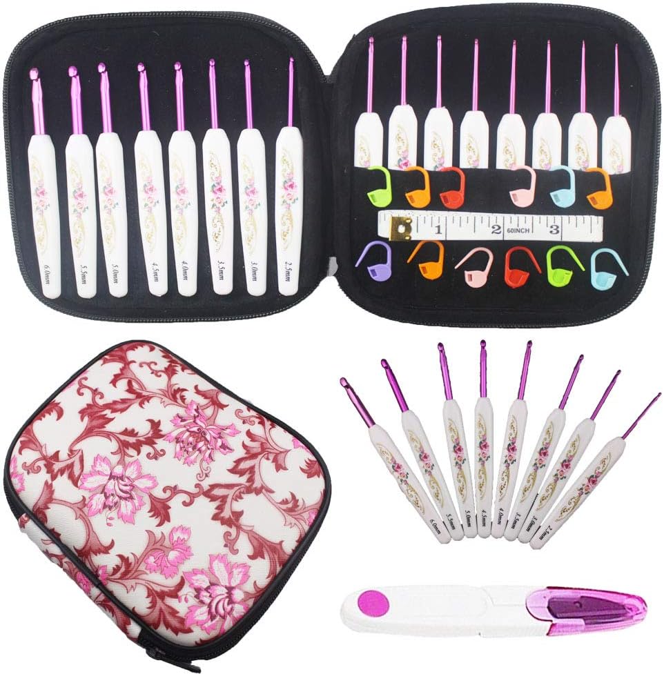 LFBEST 16 PCS Crochet Hooks Set with Case,Flower Pattern Ergonomic Handle Plastic Aluminum Crochet Hooks Needles for Arthritic Hands,Beginner Crochet Kit with Scissor,Ruler,Locking Stitch Markers