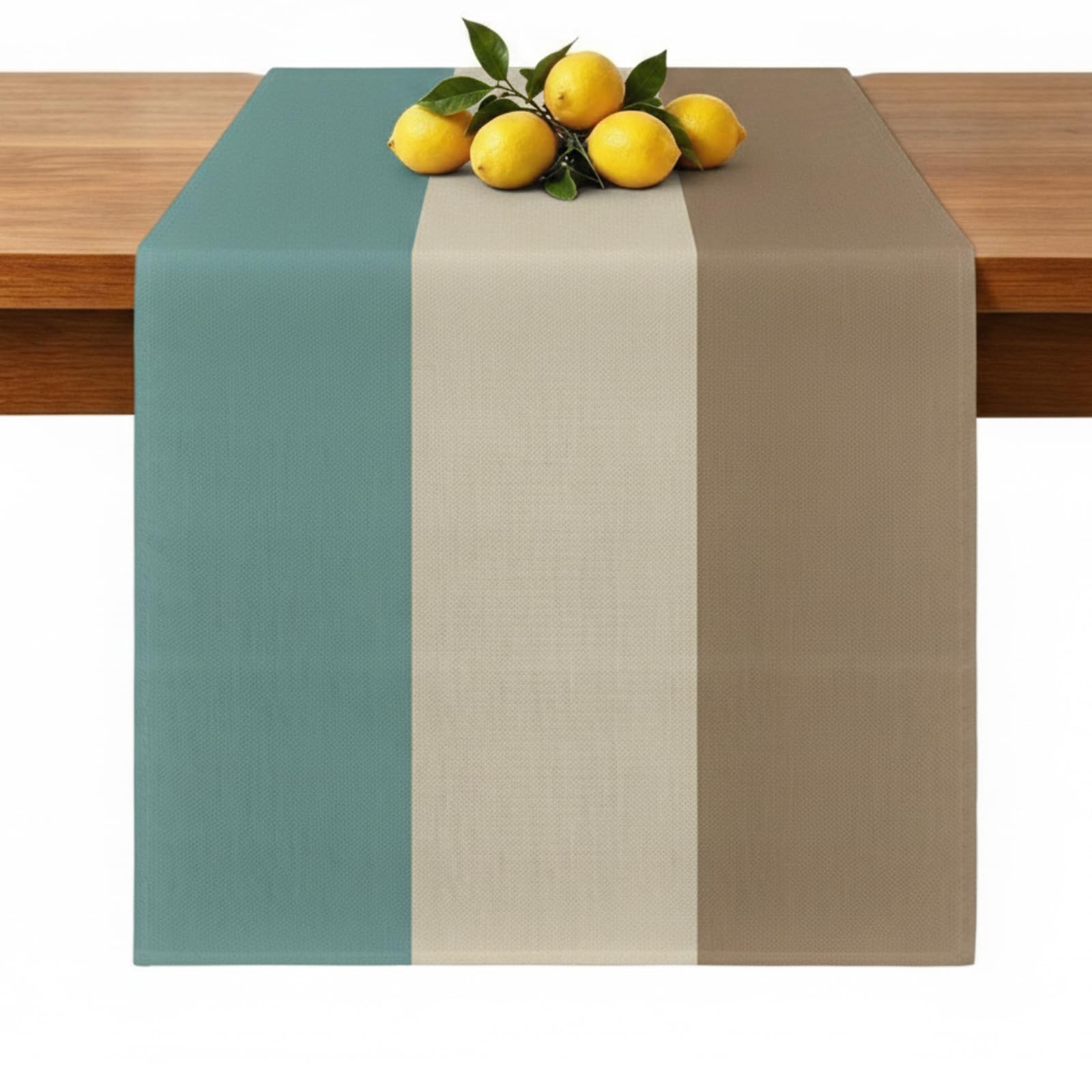 Teal Brown Table Runner Washable Linen Look 40 x 140 Rustic