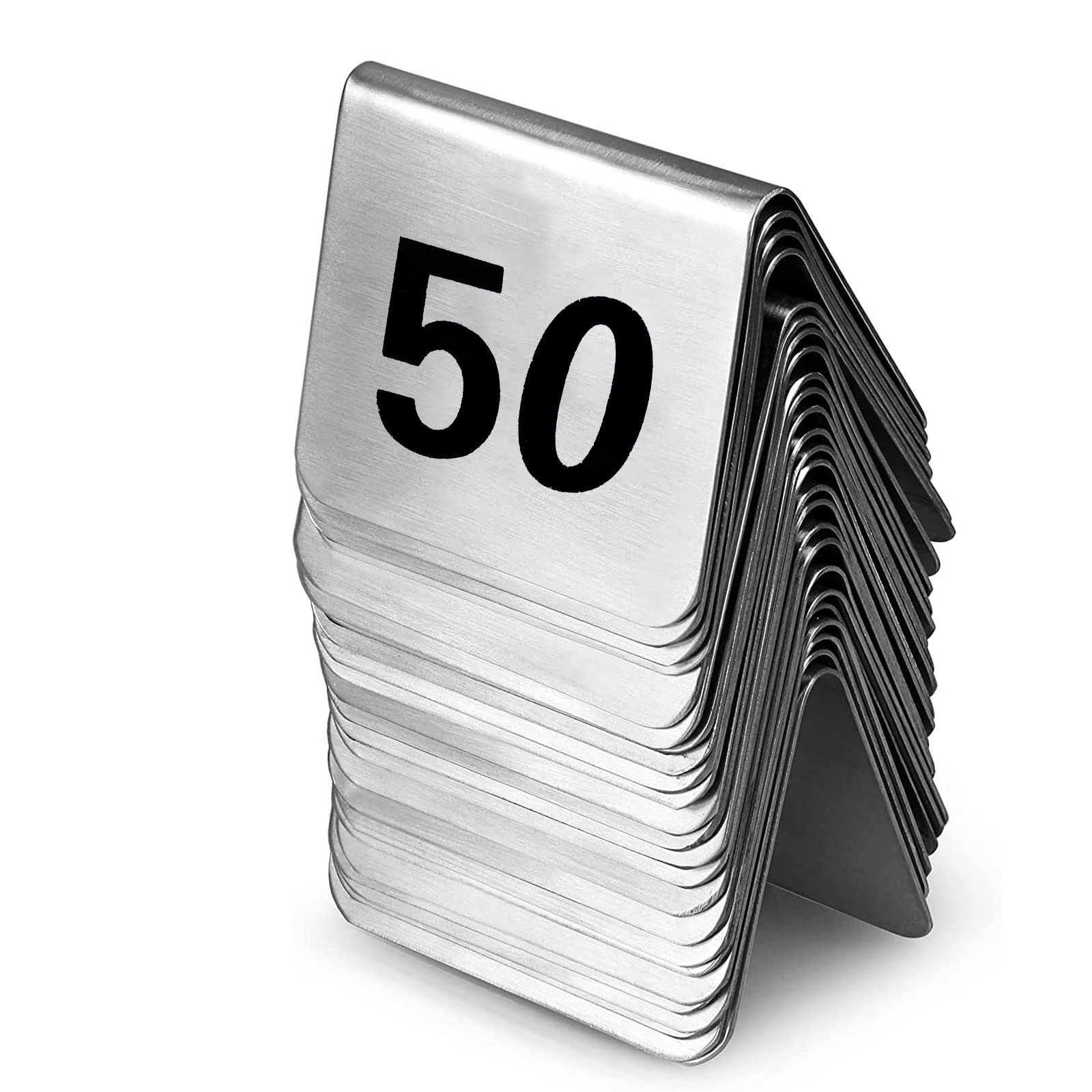 Números de mesa 1-50 1-100 Tarjetas lugar restaurante acero inoxidable, soporte vertical for letreros, for servicio banquetes fiesta(1 to 50)