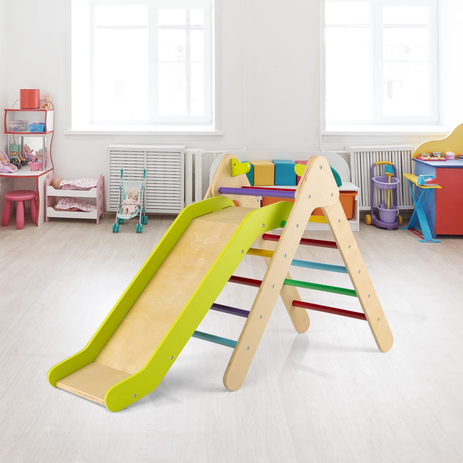 HOMASIS Triangolo da Arrampicata per Bambini con Scivolo Regolabile in Altezza, Triangolo Montessoriano per Bambini in Legno, Parco Giochi per Bambini da 1 Anno in Su, 86,5 x 73,5 x 48 cm (Colorato)