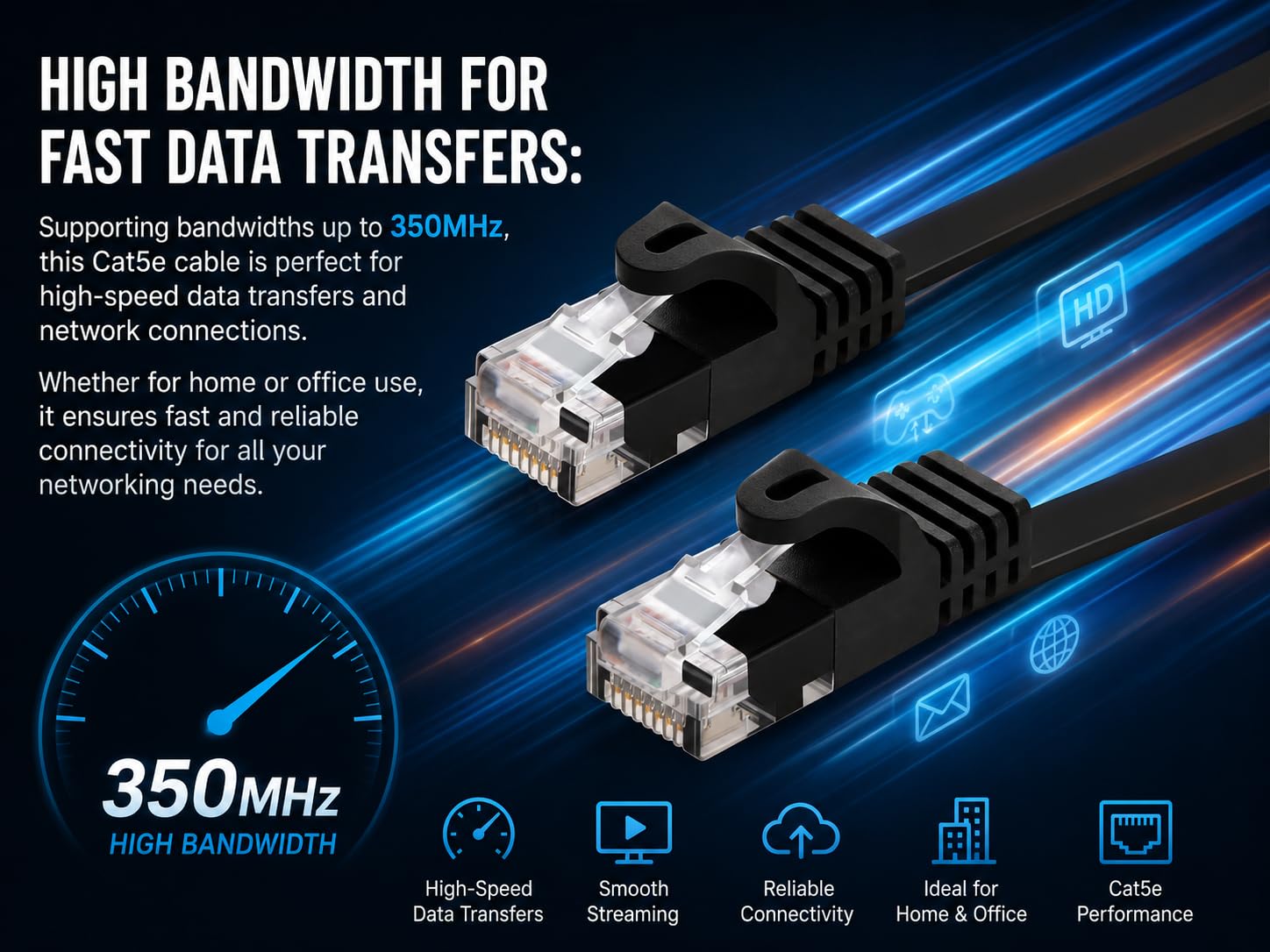 BRENDAZ Cat5e Ethernet Cable, (2-Pack) Snagless Cat 5e Stranded Cord - Network Ethernet Patch Cable, Flat, 350MHz, UTP for PC, Server, Router, Modem, TV, PS5, Game Consoles (2pk, 3-Feet)