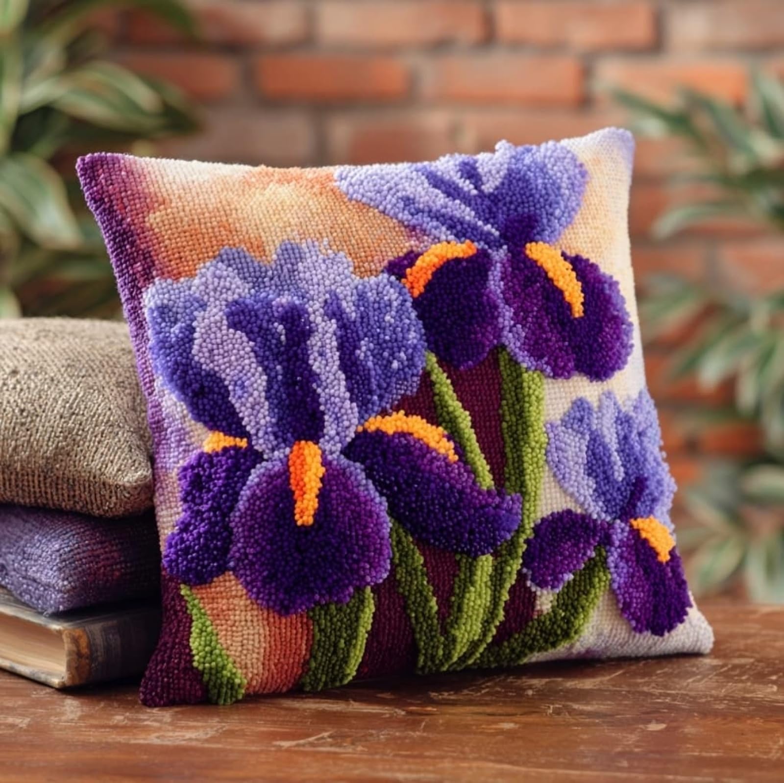 WallustrioaW 43x43cm Latch Hook Embroidery Cushion Kit,Beautiful iris