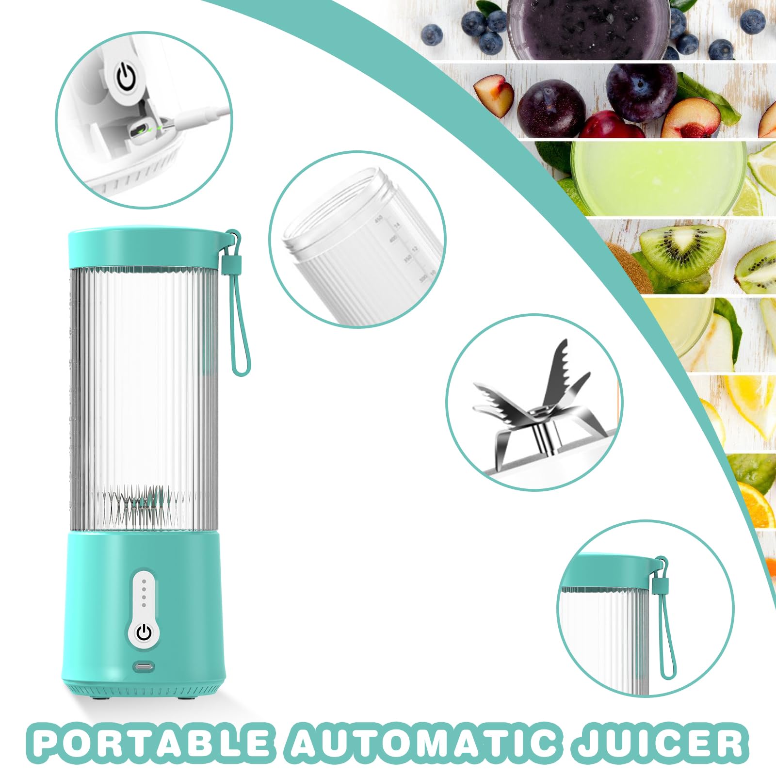 Mixer portatile to Go: 450 ml, spremiagrumi portatile con lame in acciaio inox, mini mixer ricaricabile USB-C per palestra, ufficio, campeggio, viaggi (blu)