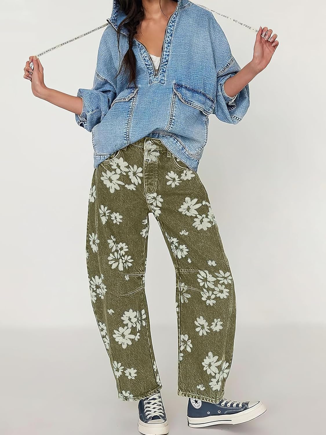 ebossy Women's Retro Floral Print Barrel Jeans Mid Rise Wide Leg Baggy Boyfriend Horseshoe Denim Pants - Image 3