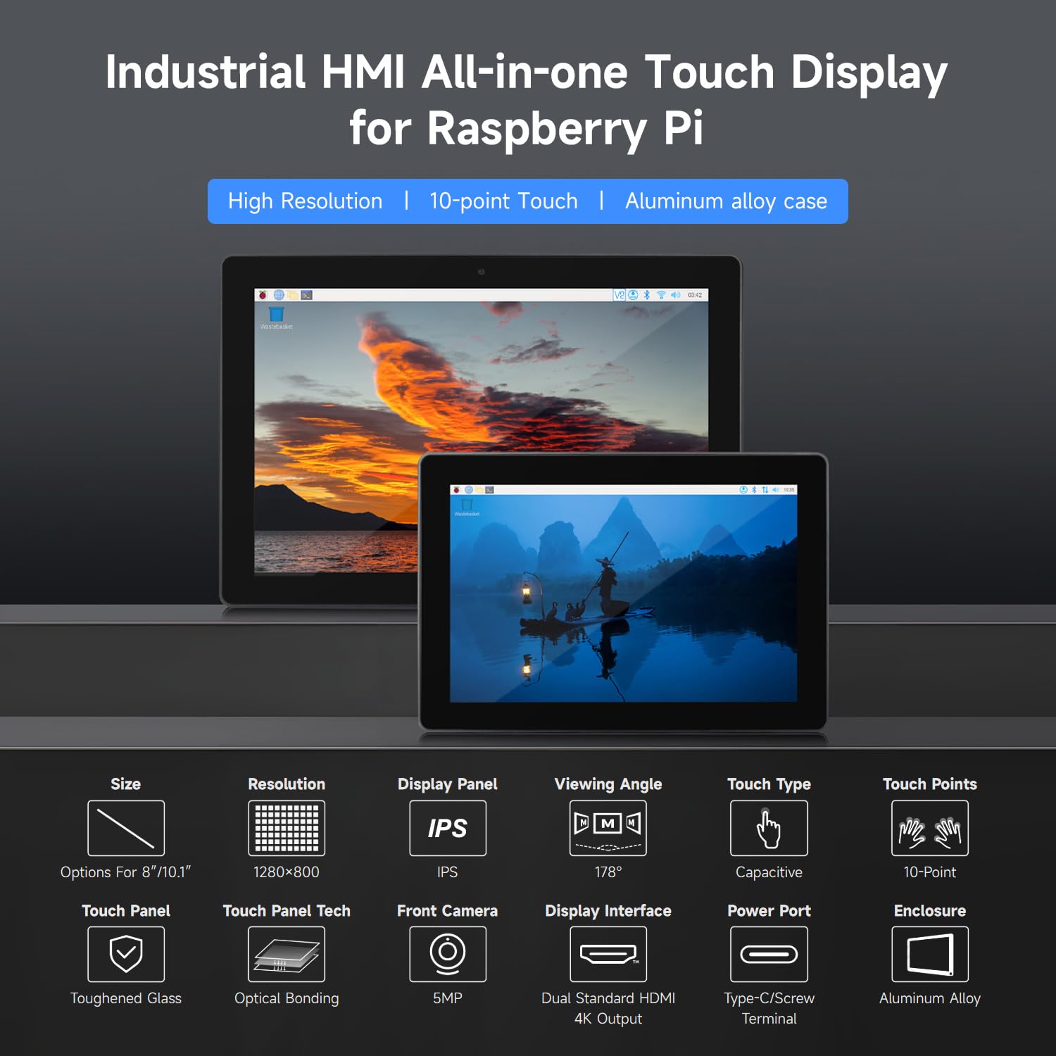 Waveshare Industrial HMI All-in-one Touch Display, Compatible with Raspberry Pi, 10.1inch Screen Monitor, Dual 4K HDMI Output, 10-Point Touch