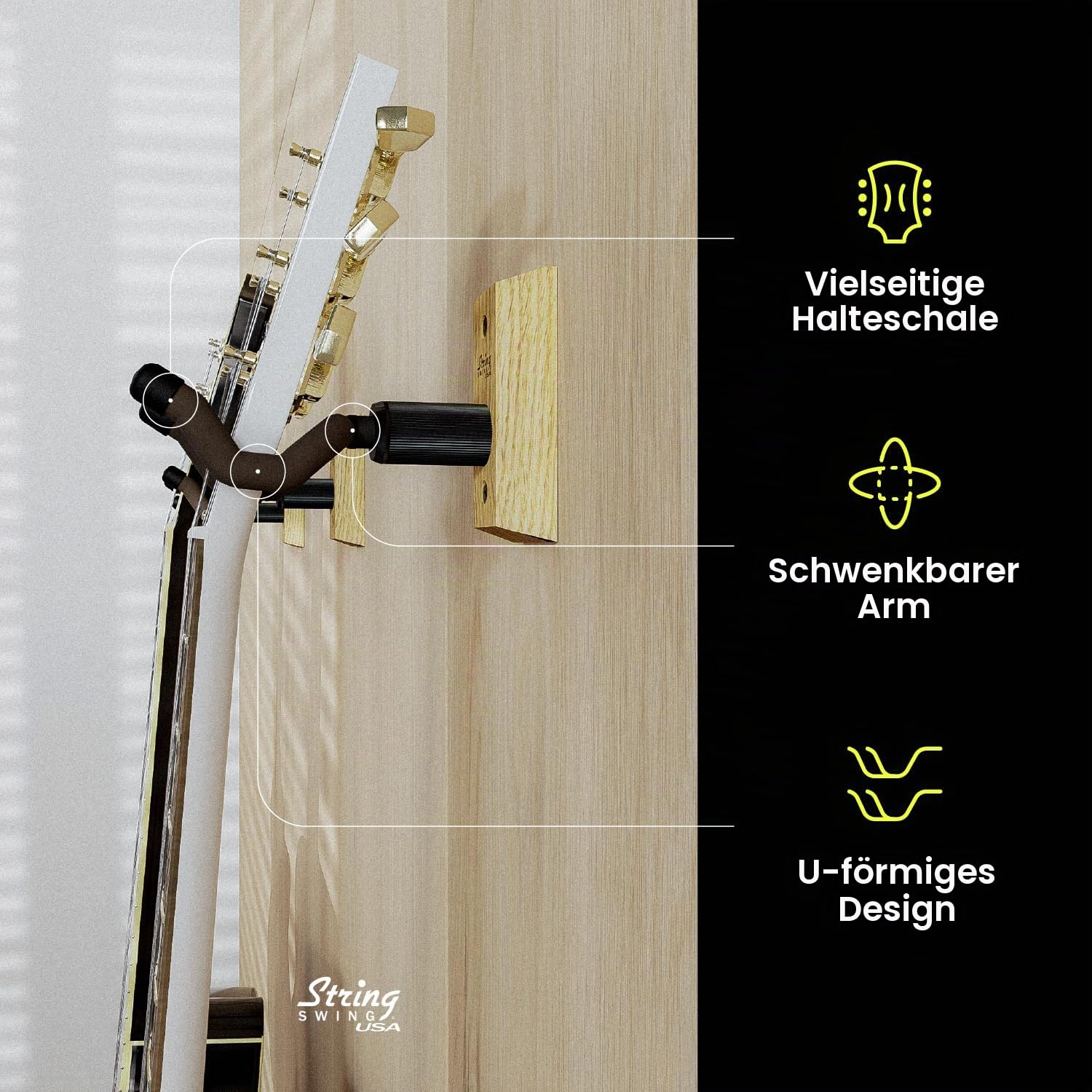 String Swing Gitarrenaufhänger - Halter für E-Akustik- und Bassgitarren - Ständer Zubehör Zuhause oder Studio Wand - Musikinstrumente sicher ohne Hartschalenkoffer - Eiche Hartholz CC01K-O 2er-Pack
